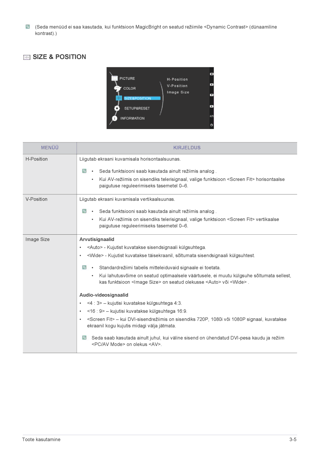 Samsung LS23CMTKF/EN, LS23CMZKFZ/EN manual Size & Position, Auto Kujutist kuvatakse sisendsignaali külgsuhtega 