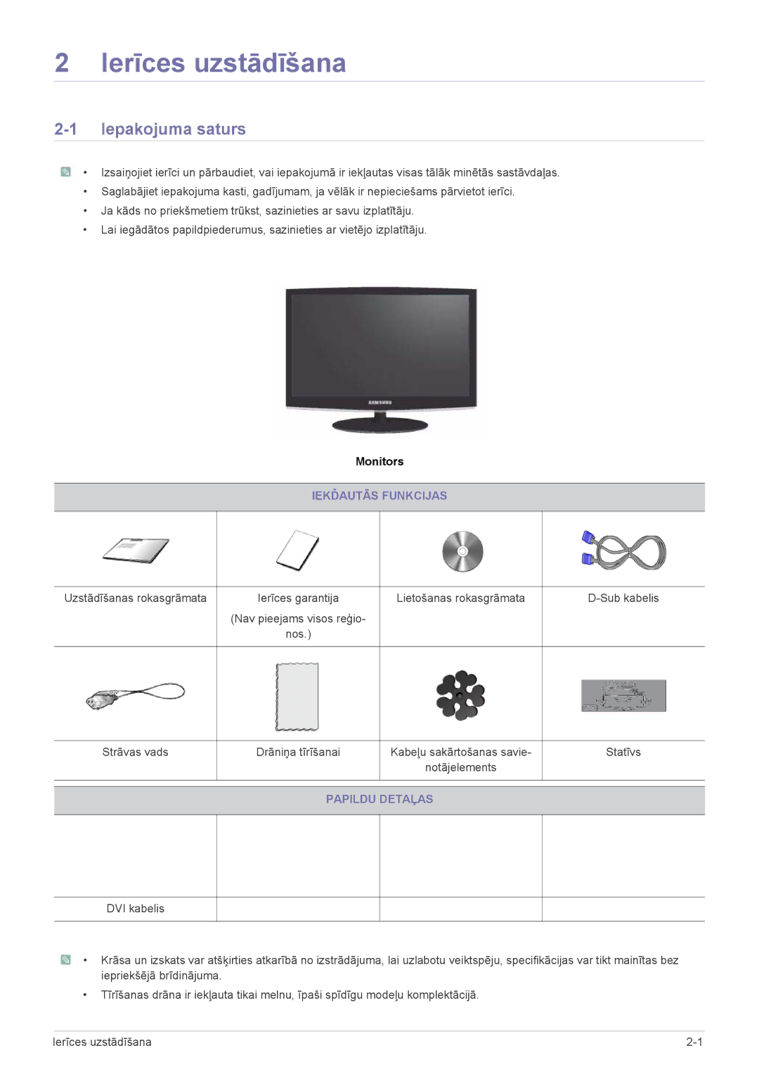 Samsung LS23CMTKF/EN, LS23CMZKFZ/EN manual Ierīces uzstādīšana, Iepakojuma saturs, Iekďautās Funkcijas, Papildu Detaļas 