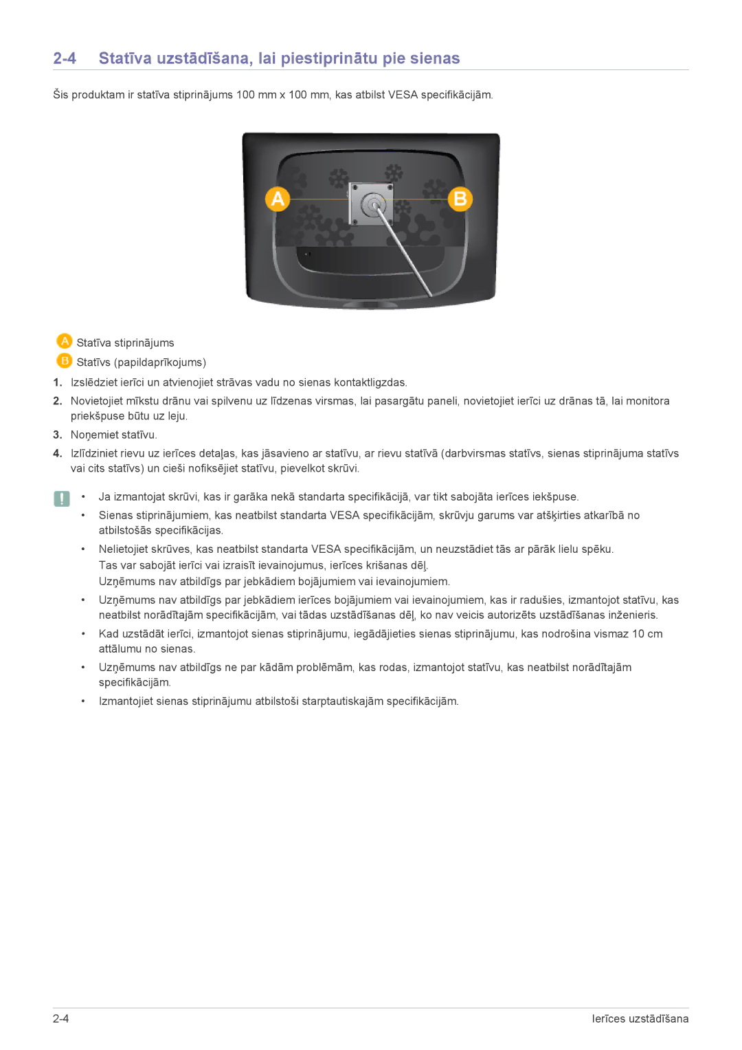 Samsung LS23CMZKFZ/EN, LS23CMTKF/EN manual Statīva uzstādīšana, lai piestiprinātu pie sienas 