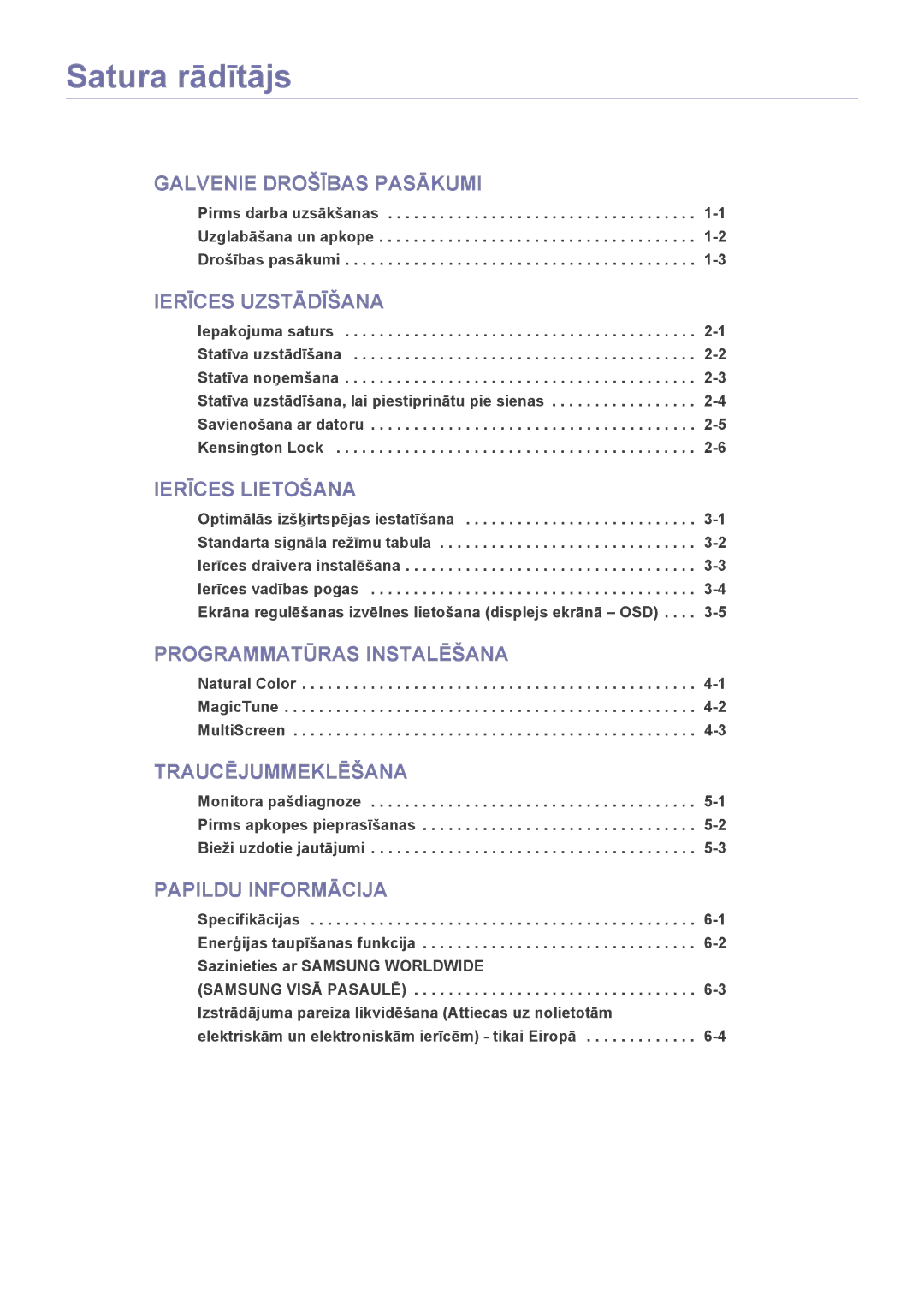 Samsung LS23CMZKFZ/EN, LS23CMTKF/EN manual Satura rādītājs, Ierīces Uzstādīšana 