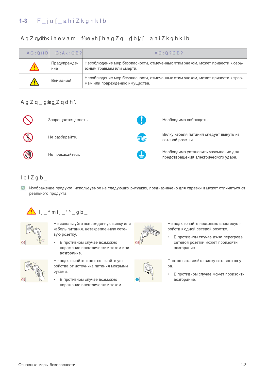 Samsung LS23CMTKF/EN Меры безопасности, Значки, используемые для обозначения мер безопасности, Значение значков, Питание 