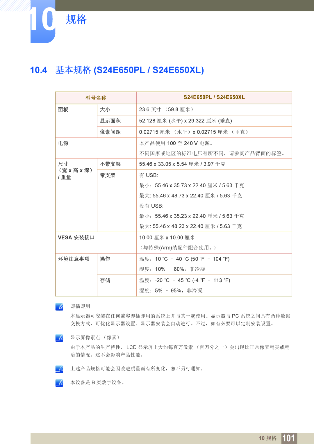 Samsung LS24E45KBS/EN, LS23E65UDC/EN, LS24E65UPL/EN, LS27E45KBS/EN, LS24E45UDLG/EN manual 10.4 基本规格 S24E650PL / S24E650XL 