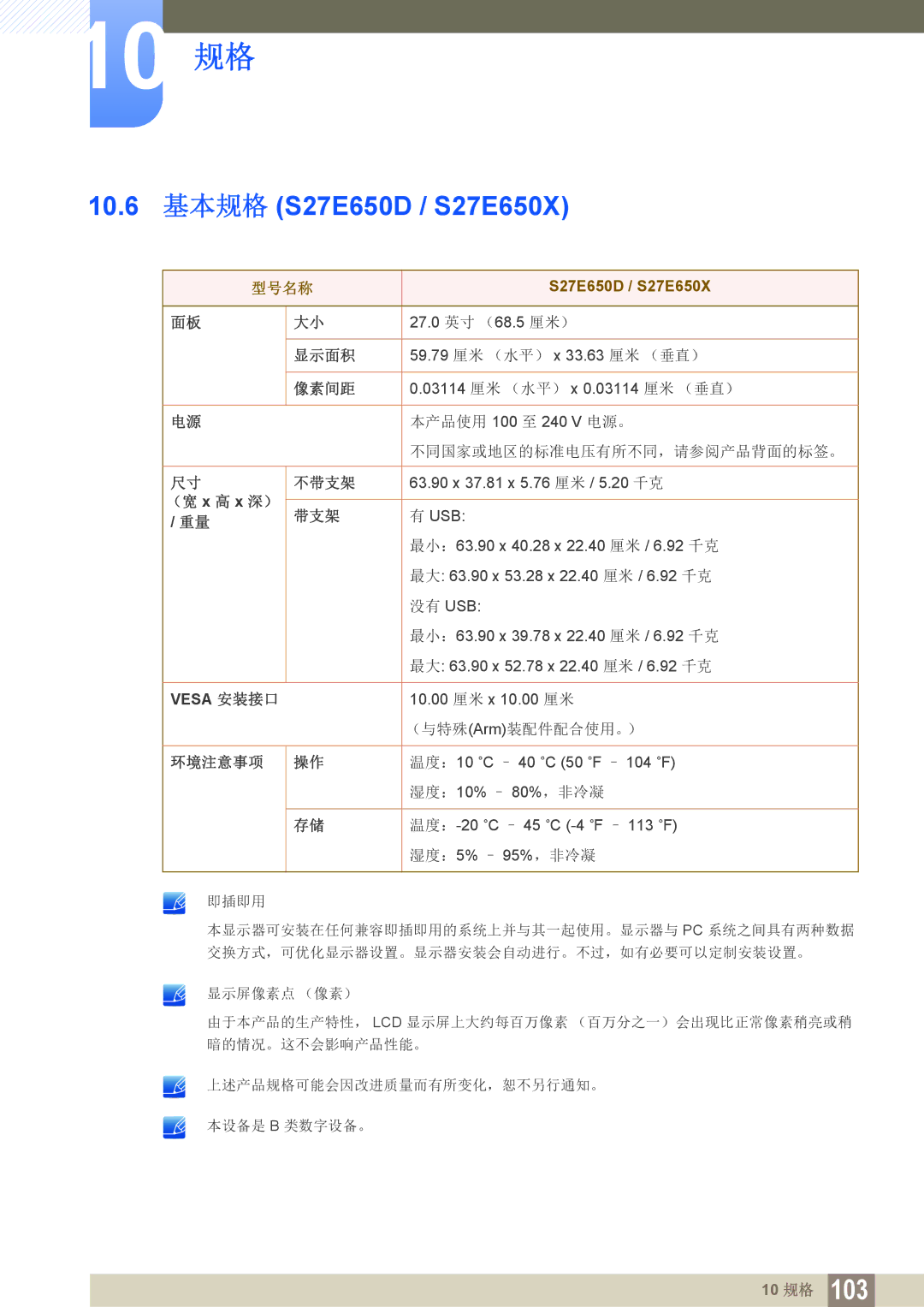 Samsung LS27E45KBS/EN, LS23E65UDC/EN, LS24E45KBS/EN, LS24E65UPL/EN, LS24E45UDLG/EN manual 10.6 基本规格 S27E650D / S27E650X 