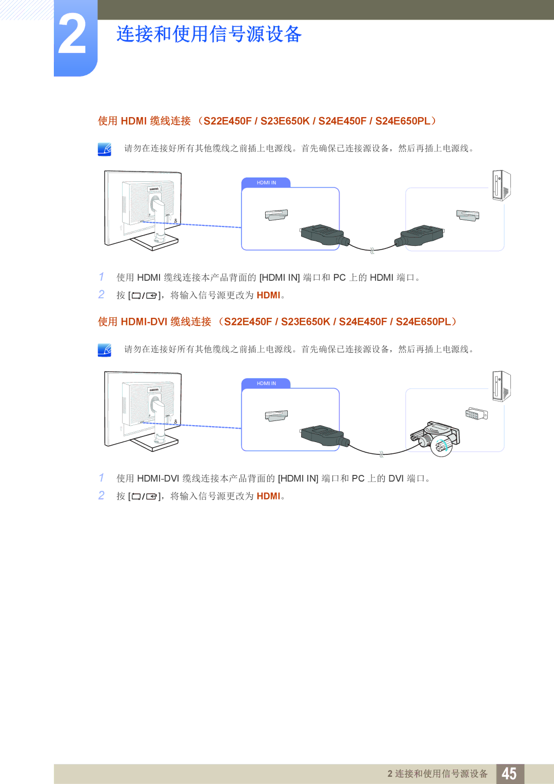 Samsung LS22E45UFS/EN, LS23E65UDC/EN, LS24E45KBS/EN, LS24E65UPL/EN 使用 Hdmi 缆线连接 （S22E450F / S23E650K / S24E450F / S24E650PL） 