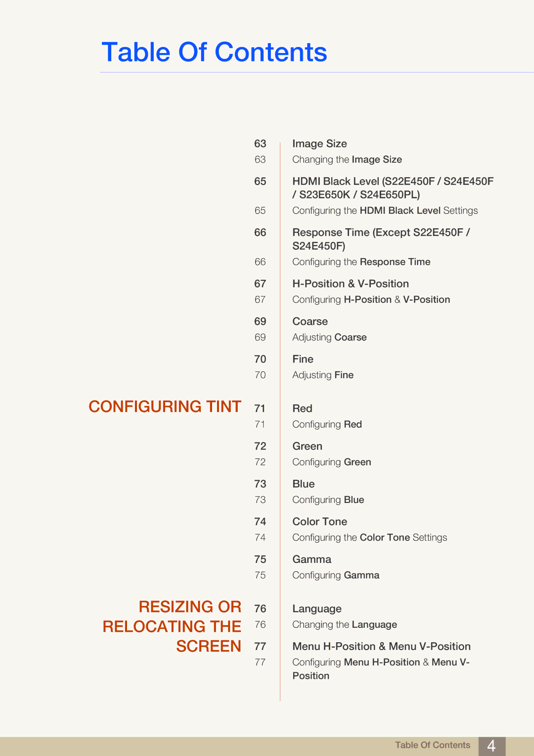 Samsung LS27E45KBS/EN, LS23E65UDC/EN, LS24E45UDLC/EN, LS24E45KBS/EN manual Configuring Tint Resizing or Relocating the Screen 
