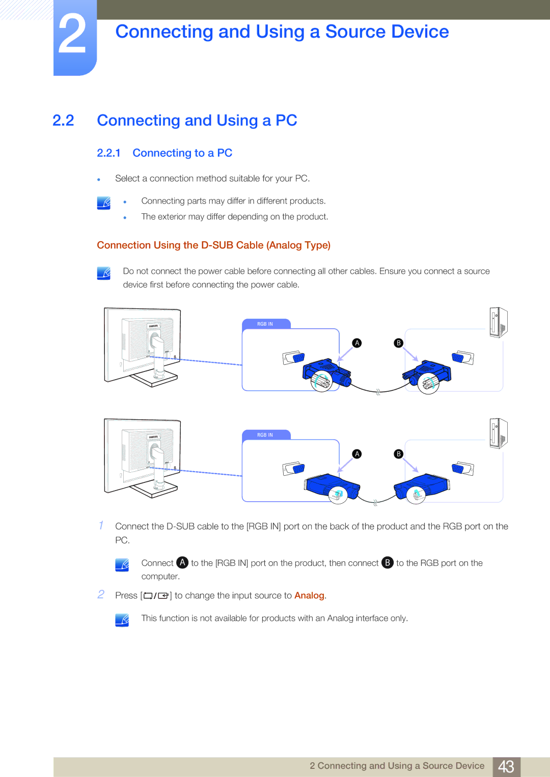 Samsung LS24E45UDLC/EN manual Connecting and Using a PC, Connecting to a PC, Connection Using the D-SUB Cable Analog Type 