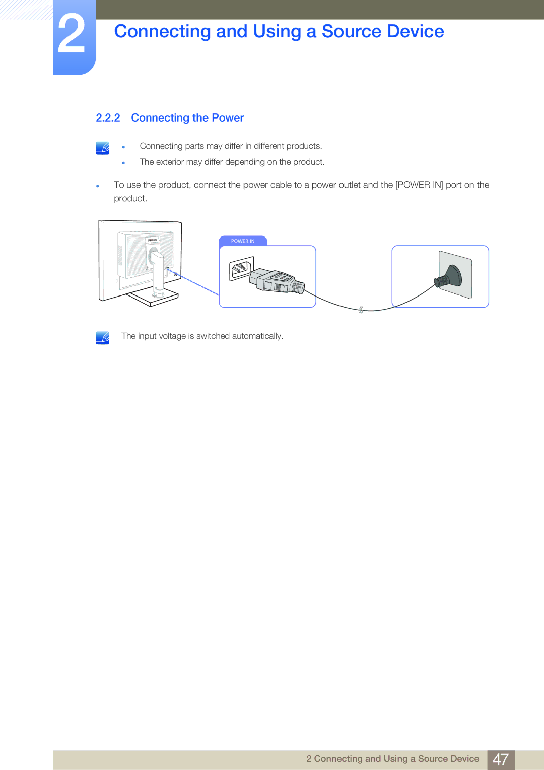 Samsung LS22E45UDWG/EN, LS23E65UDC/EN, LS24E45UDLC/EN, LS24E45KBS/EN, LS24E65UPL/EN, LS27E45KBS/EN manual Connecting the Power 