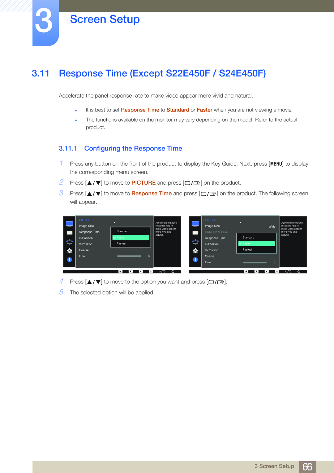 Samsung LS23E65KKS/EN, LS23E65UDC/EN, LS24E45KBS/EN Response Time Except S22E450F / S24E450F, Configuring the Response Time 