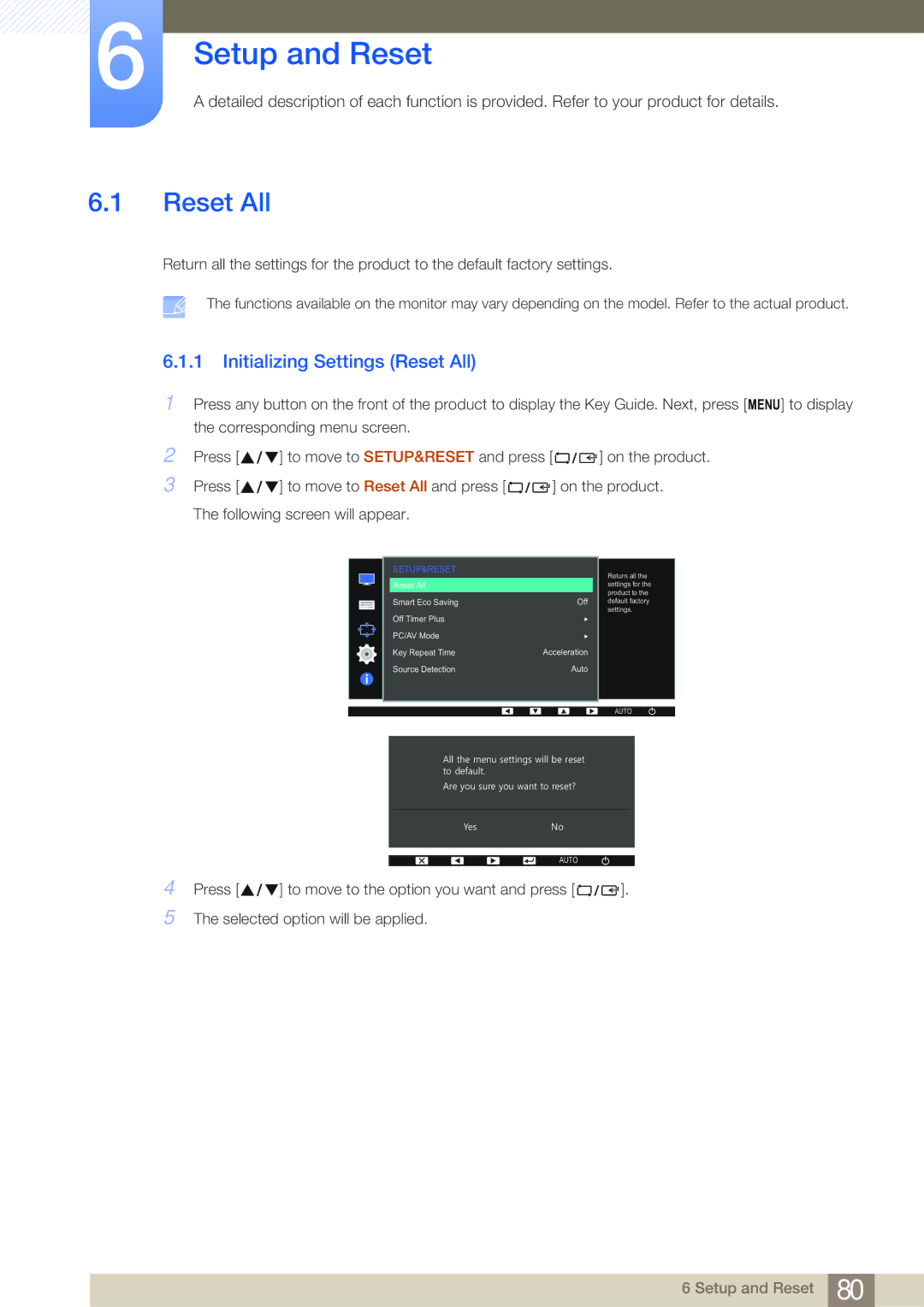 Samsung LS24E65UPLC/CH, LS23E65UDC/EN, LS24E45UDLC/EN, LS24E45KBS/EN Setup and Reset, Initializing Settings Reset All 