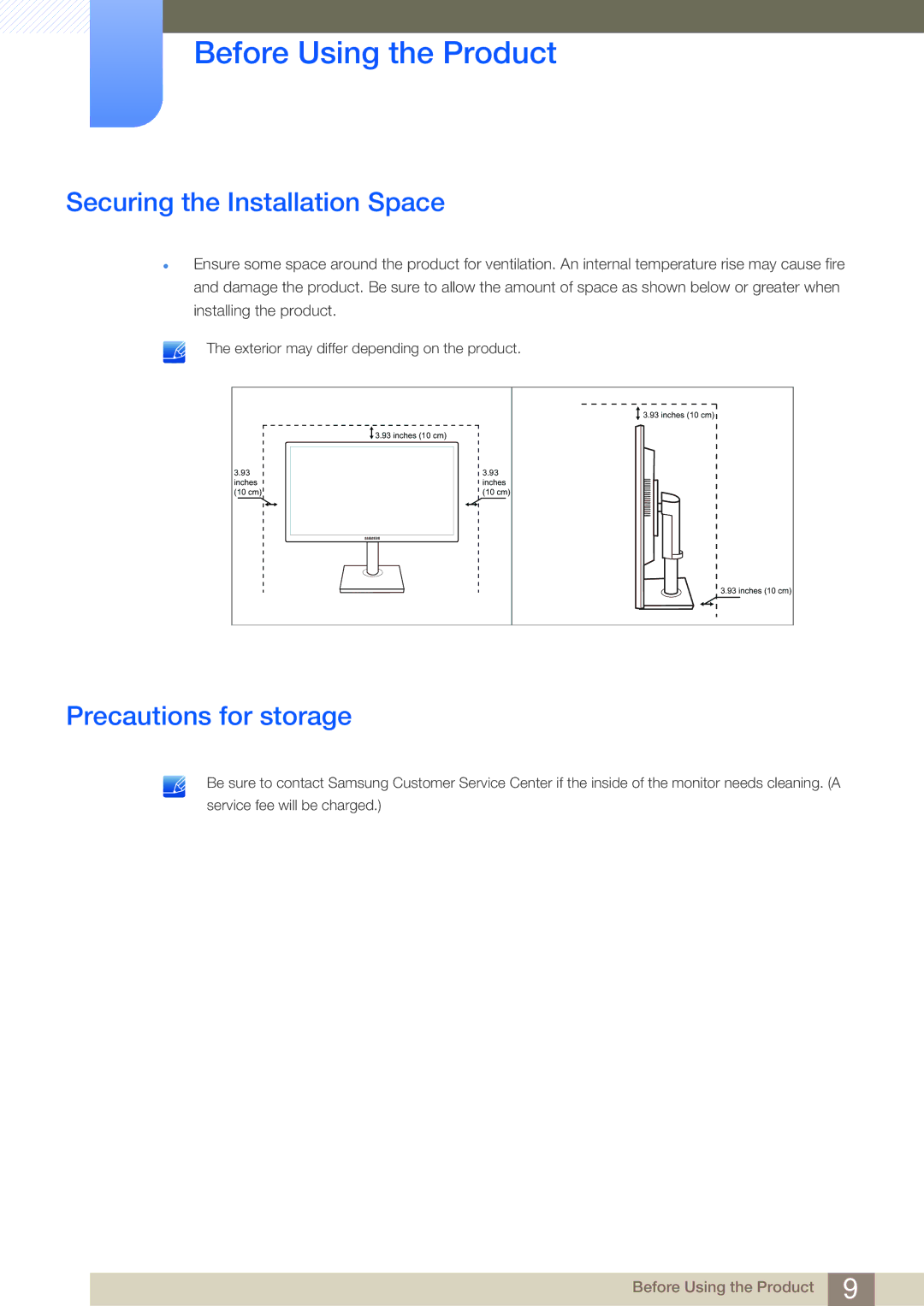 Samsung LS24E45UFS/EN, LS23E65UDC/EN, LS24E45UDLC/EN, LS24E45KBS/EN Securing the Installation Space, Precautions for storage 