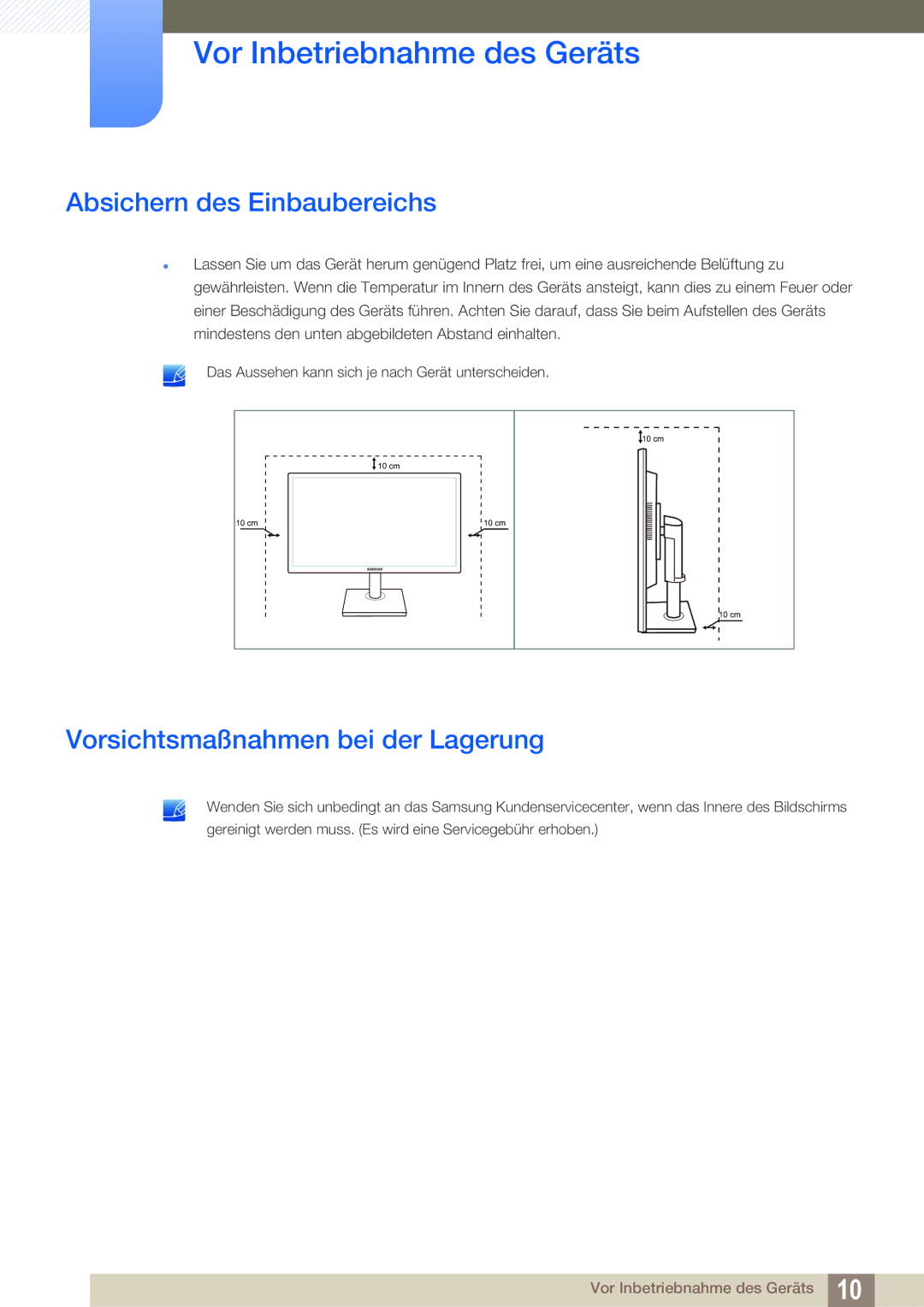 Samsung LS24E65UPLC/EN, LS23E65UDC/EN, LS24E45UDLC/EN Absichern des Einbaubereichs, Vorsichtsmaßnahmen bei der Lagerung 