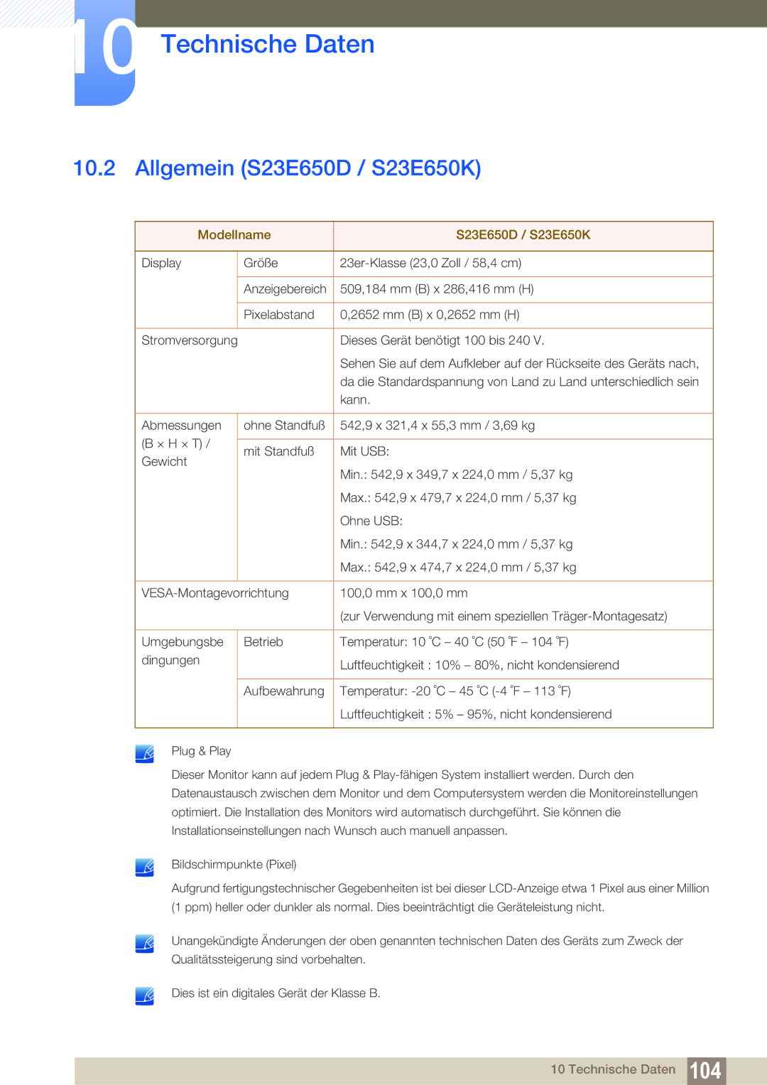 Samsung LS24E45KBS/EN, LS23E65UDC/EN, LS24E45UDLC/EN manual Allgemein S23E650D / S23E650K, Modellname S23E650D / S23E650K 