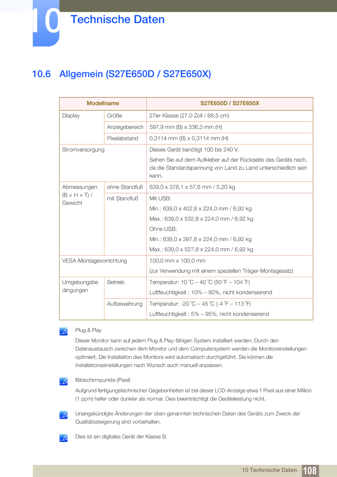 Samsung LS24E65UDWG/EN, LS23E65UDC/EN, LS24E45UDLC/EN manual Allgemein S27E650D / S27E650X, Modellname S27E650D / S27E650X 