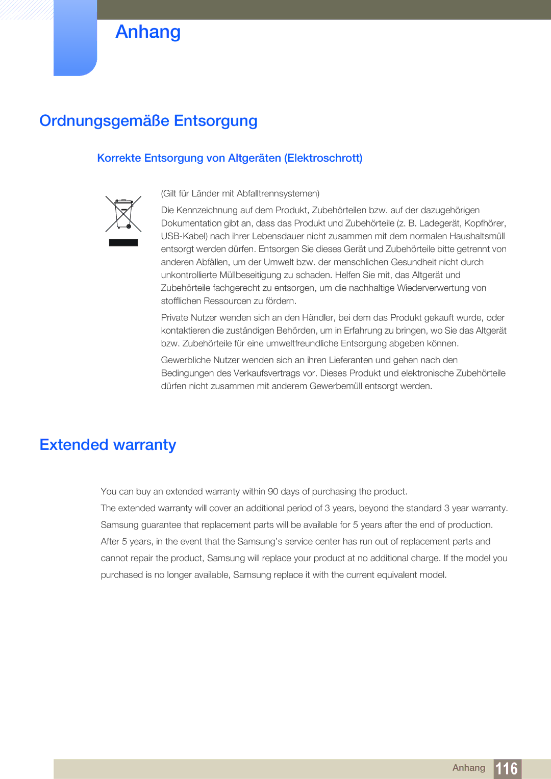 Samsung LS22E65UDS/EN Ordnungsgemäße Entsorgung, Extended warranty, Korrekte Entsorgung von Altgeräten Elektroschrott 