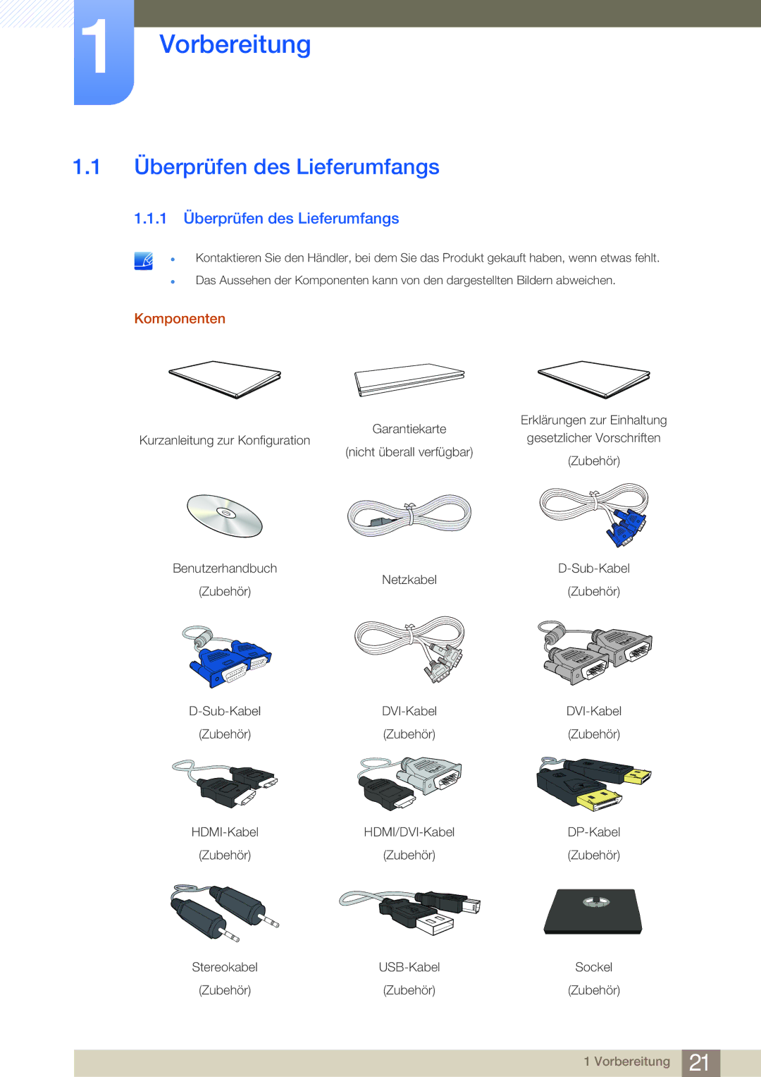 Samsung LS27E45KBS/EN, LS23E65UDC/EN, LS24E45UDLC/EN manual Vorbereitung, 1 Überprüfen des Lieferumfangs, Komponenten 