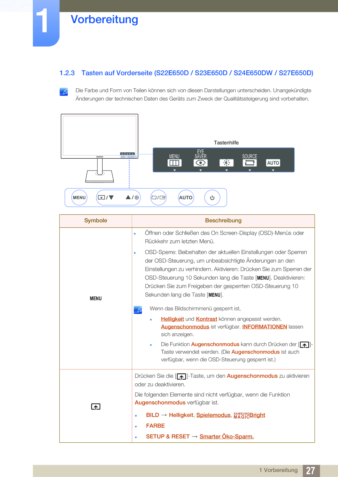 Samsung LS24E65UPLC/EN, LS23E65UDC/EN, LS24E45UDLC/EN, LS24E45KBS/EN, LS24E65UPL/EN, LS27E45KBS/EN manual Menu EYE Source Saver 