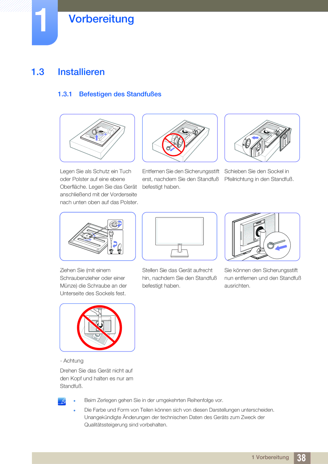 Samsung LS27E45KBS/EN, LS23E65UDC/EN, LS24E45UDLC/EN, LS24E45KBS/EN, LS24E65UPL/EN Installieren, Befestigen des Standfußes 