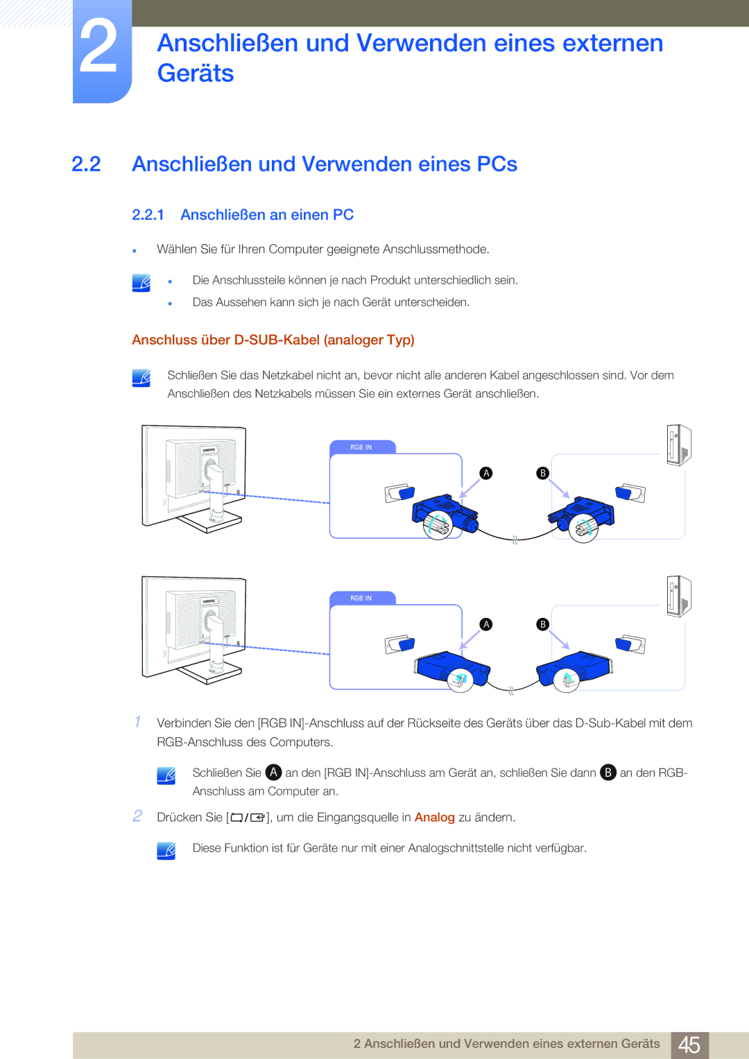 Samsung LS24E45KBSV/EN, LS23E65UDC/EN, LS24E45UDLC/EN manual Anschließen und Verwenden eines PCs, Anschließen an einen PC 