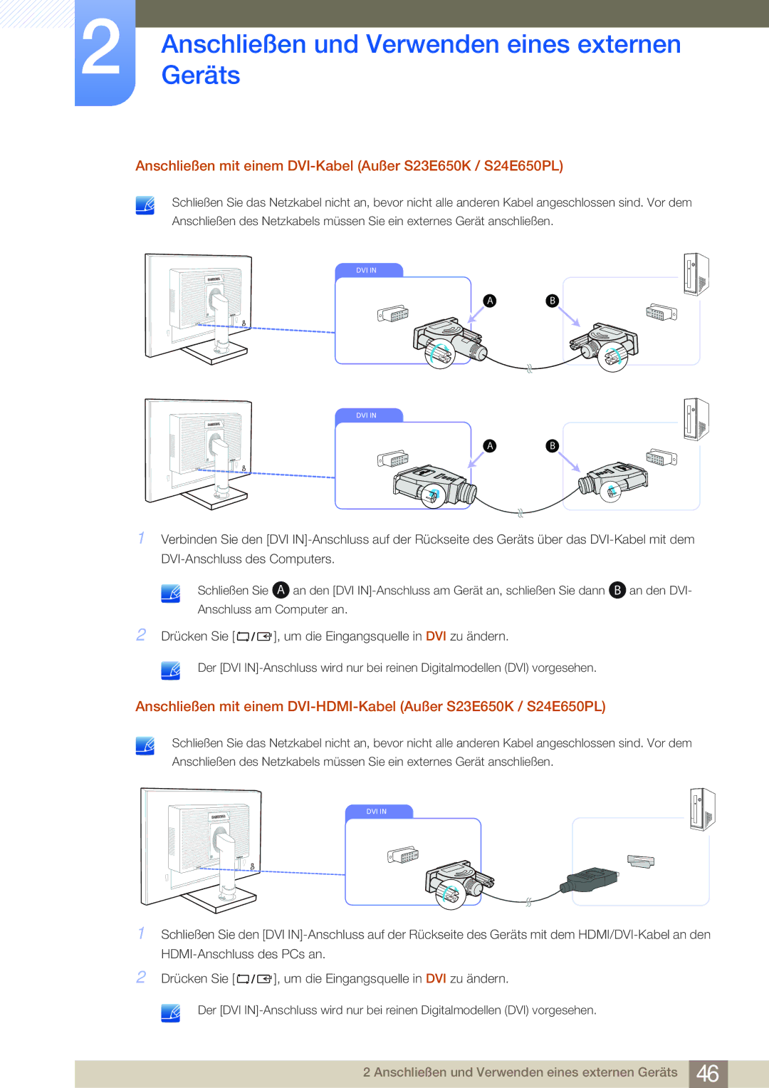 Samsung LS23E65UDS/EN, LS23E65UDC/EN, LS24E45UDLC/EN manual Anschließen mit einem DVI-Kabel Außer S23E650K / S24E650PL 