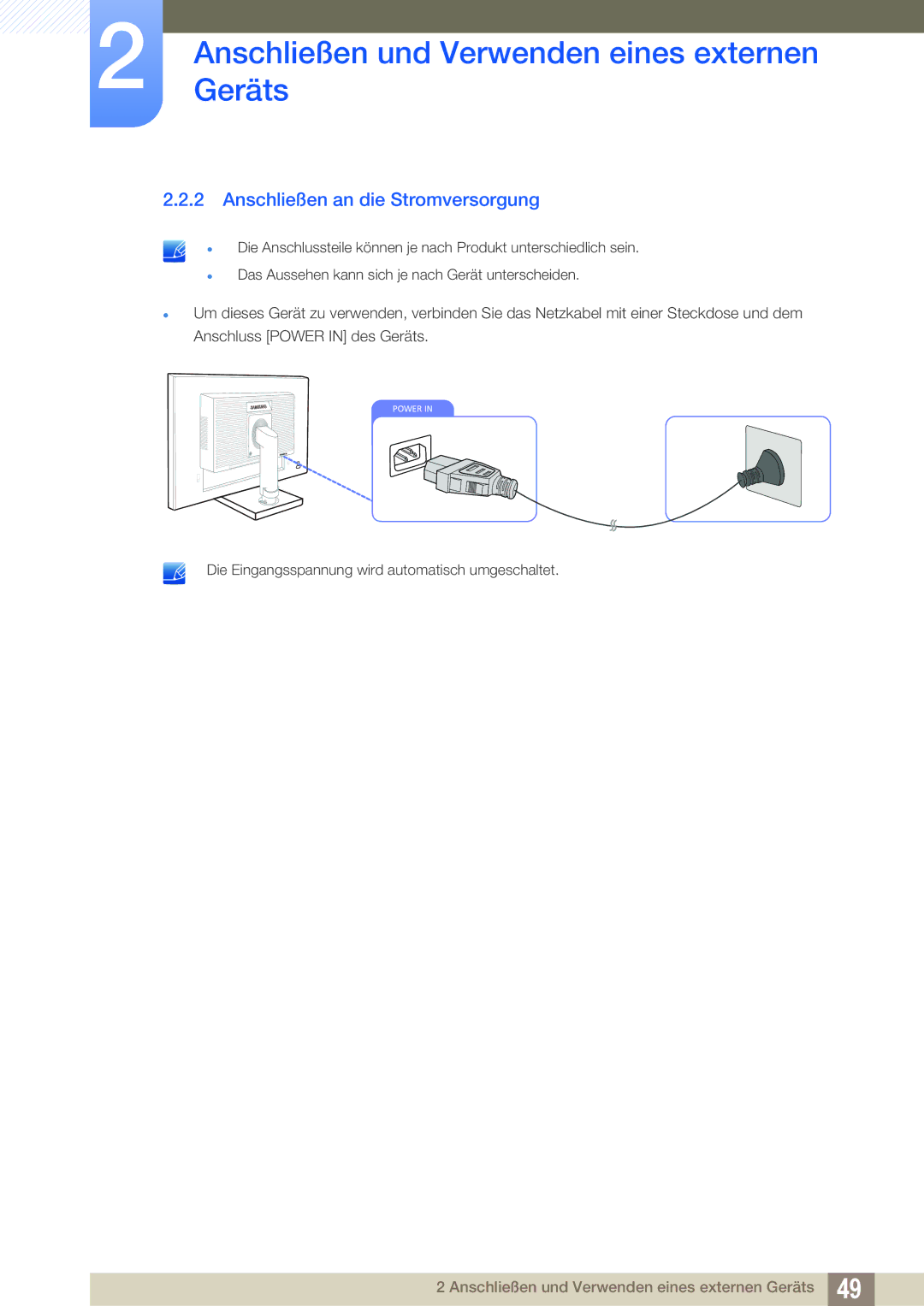 Samsung LS24E65UXW/EN, LS23E65UDC/EN, LS24E45UDLC/EN, LS24E45KBS/EN, LS24E65UPL/EN manual Anschließen an die Stromversorgung 