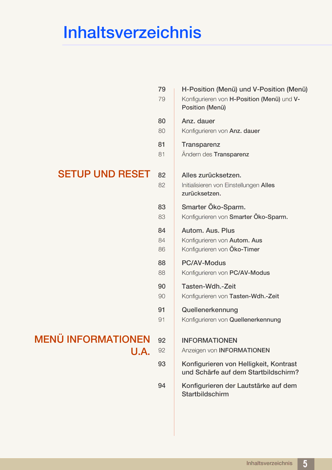 Samsung LS24E45UFS/EN, LS23E65UDC/EN, LS24E45UDLC/EN, LS24E45KBS/EN, LS24E65UPL/EN Setup UND Reset Menü Informationen 92 U.A 