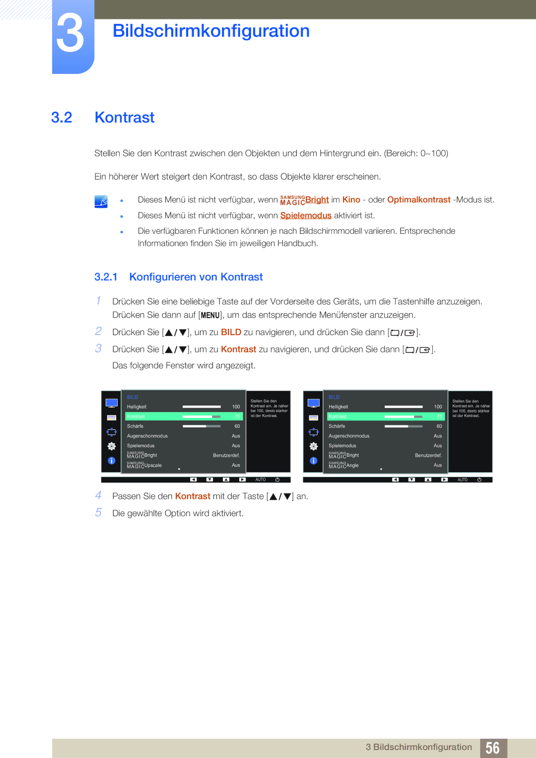 Samsung LS24E45UFS/EN, LS23E65UDC/EN, LS24E45UDLC/EN, LS24E45KBS/EN, LS24E65UPL/EN manual Konfigurieren von Kontrast 