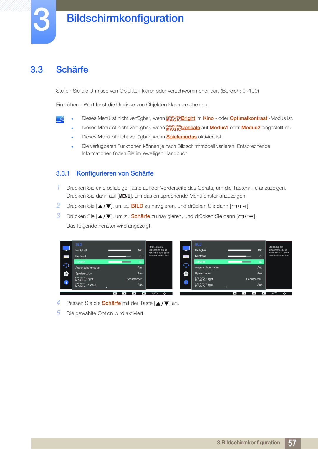 Samsung LS24E65UDWG/EN, LS23E65UDC/EN, LS24E45UDLC/EN, LS24E45KBS/EN, LS24E65UPL/EN manual Konfigurieren von Schärfe 