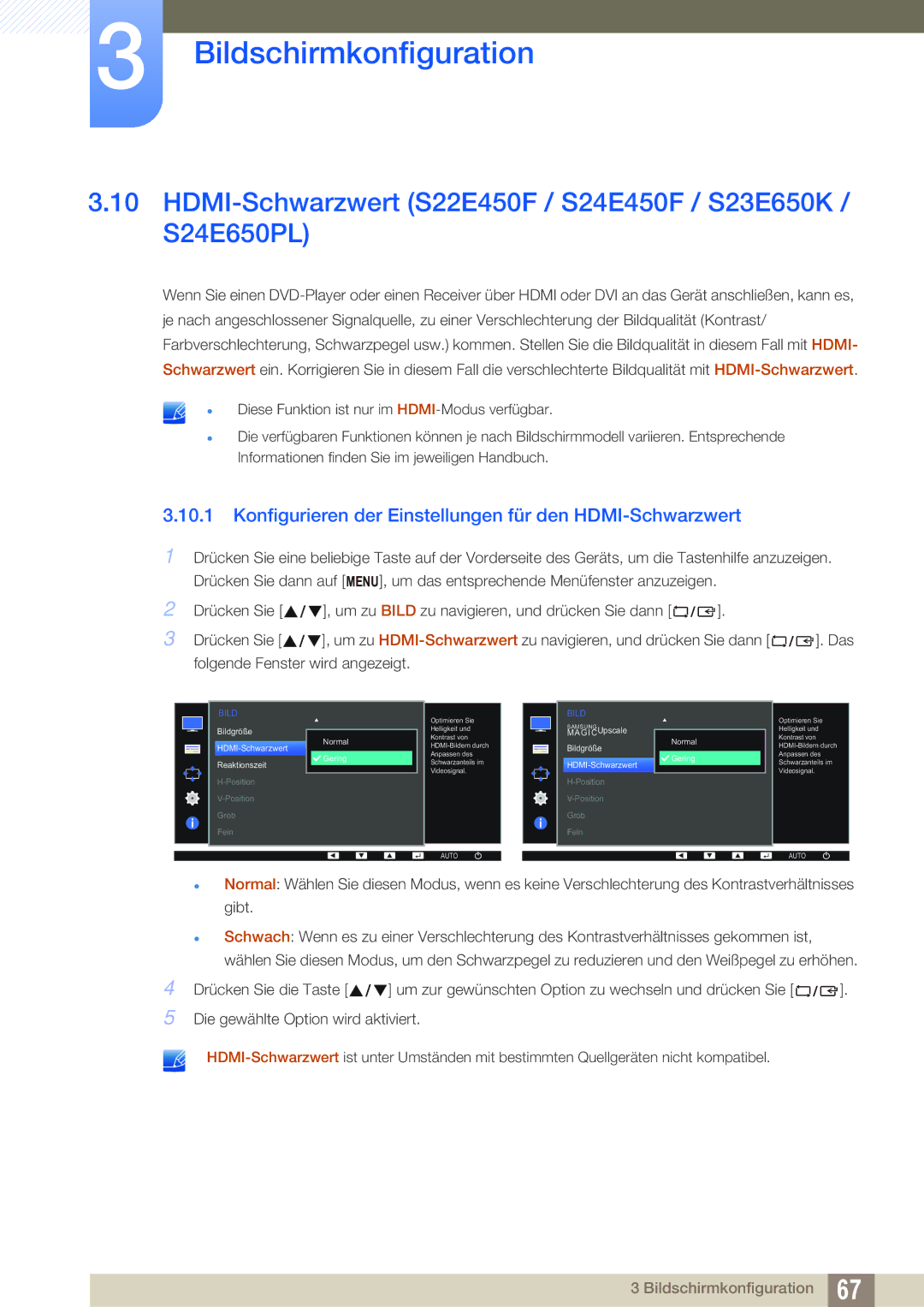 Samsung LS27E65UXS/EN, LS23E65UDC/EN, LS24E45UDLC/EN manual HDMI-Schwarzwert S22E450F / S24E450F / S23E650K / S24E650PL 