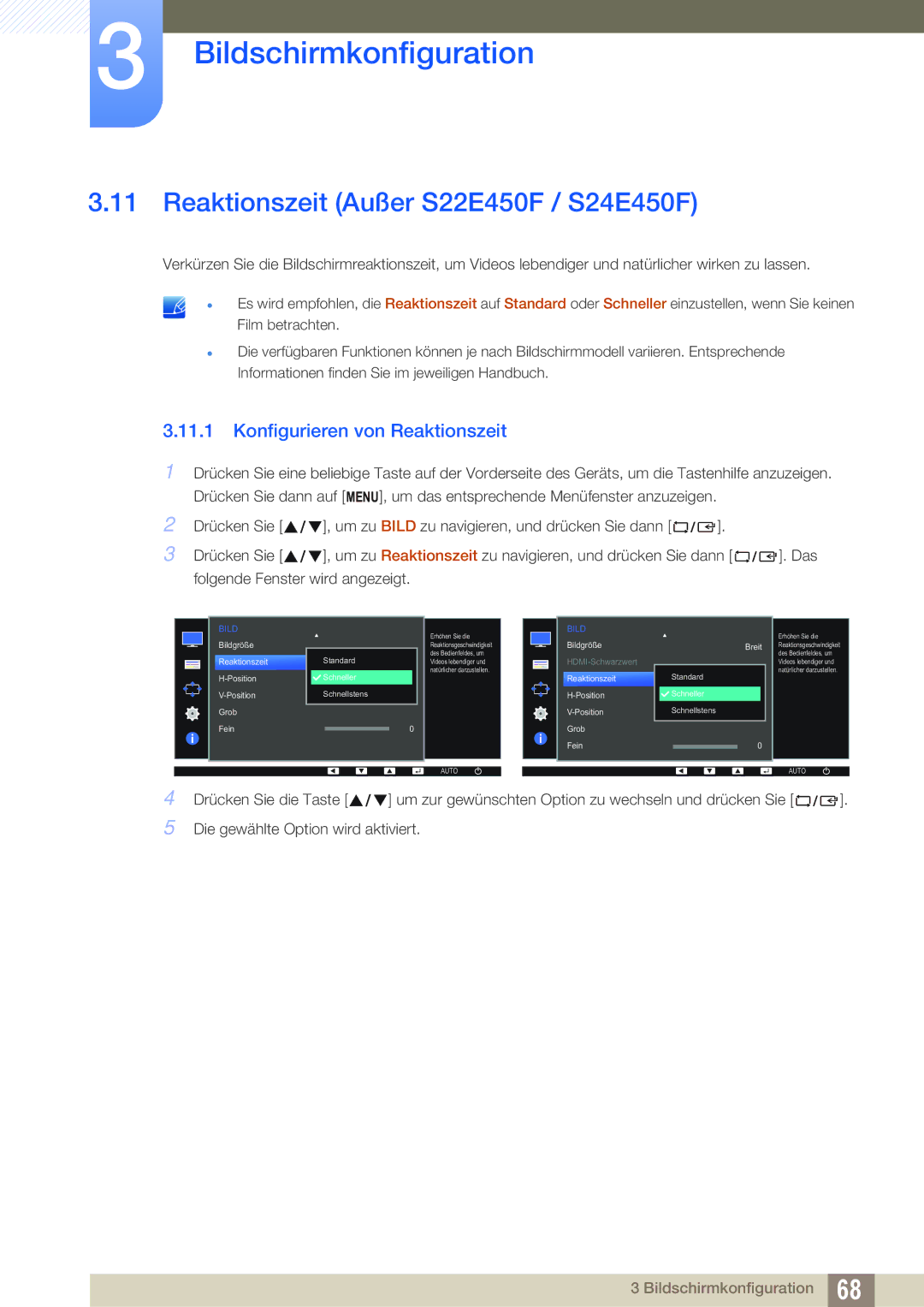 Samsung LS23E65UDC/EN, LS24E45UDLC/EN manual Reaktionszeit Außer S22E450F / S24E450F, Konfigurieren von Reaktionszeit 