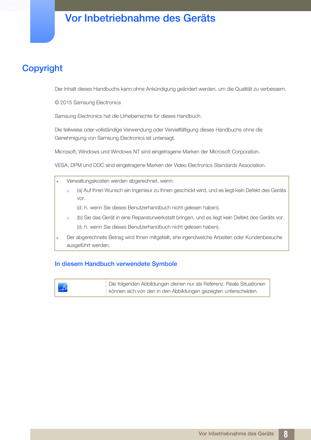 Samsung LS27E65UDS/EN, LS23E65UDC/EN manual Vor Inbetriebnahme des Geräts, Copyright, Diesem Handbuch verwendete Symbole 