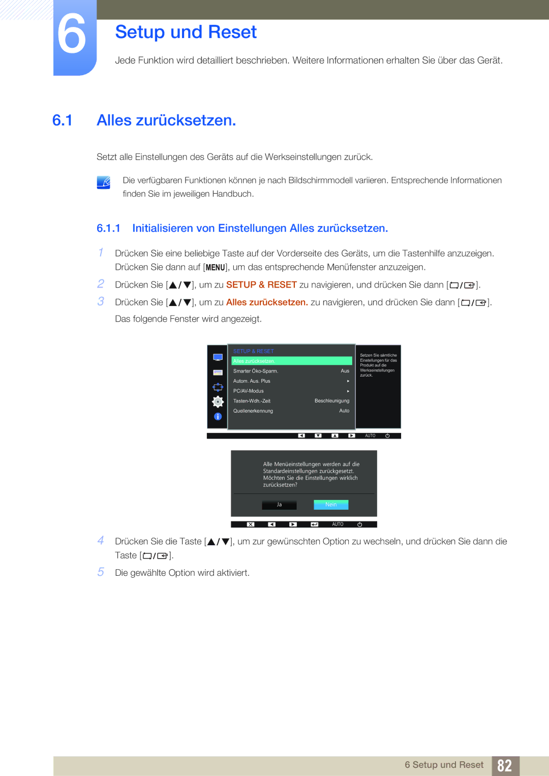 Samsung LS22E65UDS/EN, LS23E65UDC/EN manual Setup und Reset, Initialisieren von Einstellungen Alles zurücksetzen 