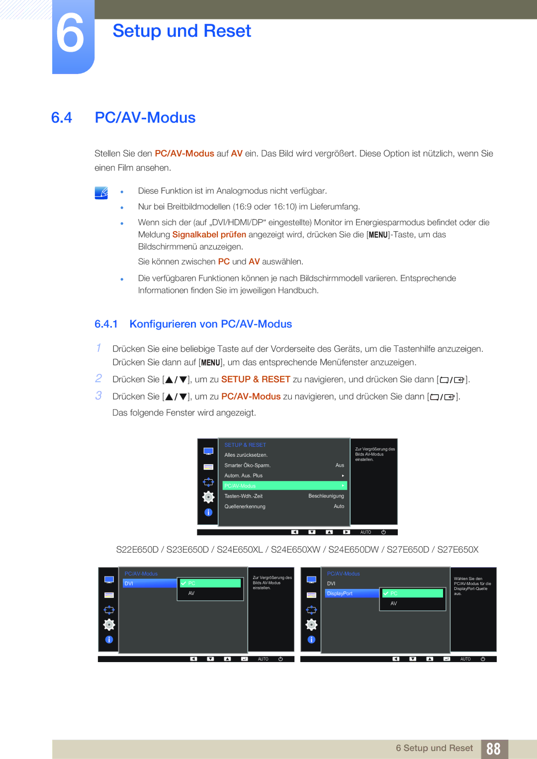 Samsung LS24E65UPL/EN, LS23E65UDC/EN, LS24E45UDLC/EN, LS24E45KBS/EN, LS27E45KBS/EN manual Konfigurieren von PC/AV-Modus 
