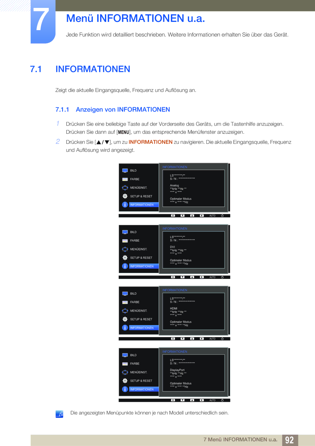 Samsung LS24E65KMWV/EN, LS23E65UDC/EN, LS24E45UDLC/EN, LS24E45KBS/EN manual Menü Informationen u.a, Anzeigen von Informationen 