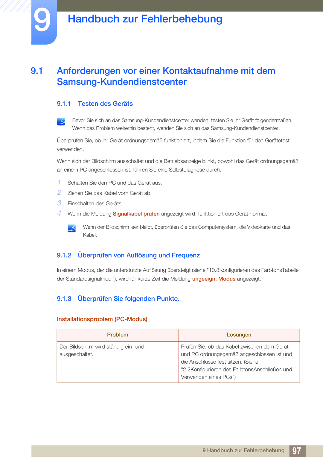 Samsung LS23E65UDS/EN manual Handbuch zur Fehlerbehebung, Testen des Geräts, 2 Überprüfen von Auflösung und Frequenz 