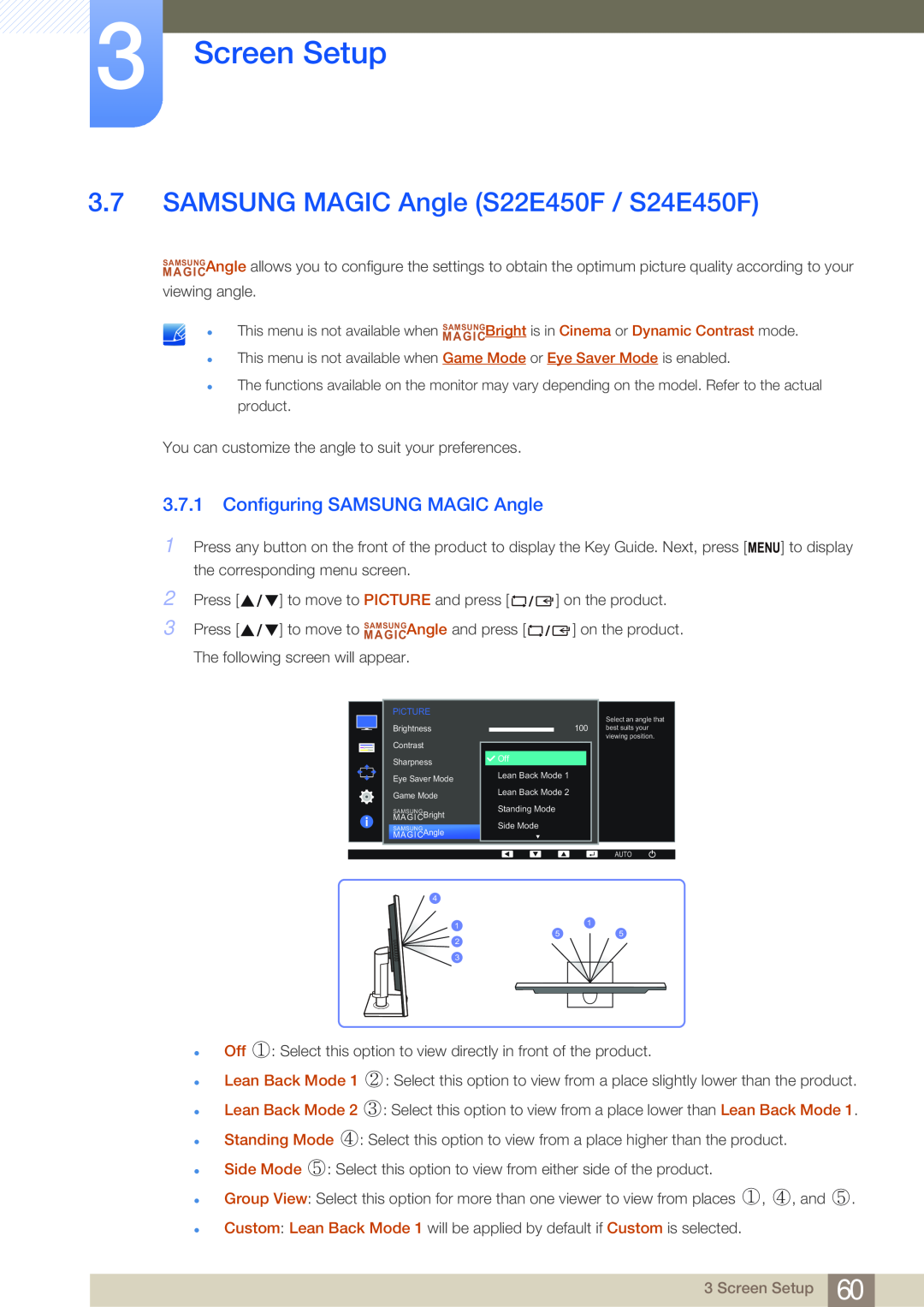 Samsung LS27E45KBH/EN manual SAMSUNG MAGIC Angle S22E450F / S24E450F, Configuring SAMSUNG MAGIC Angle, Screen Setup 