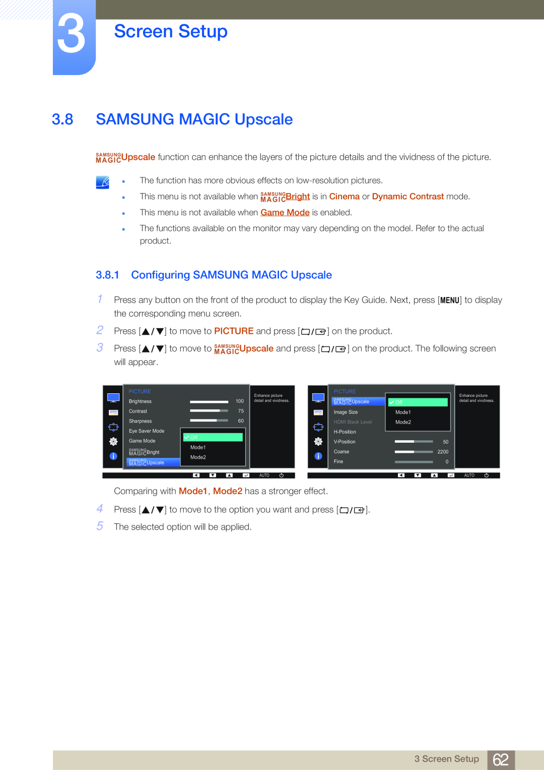 Samsung LS22E65UDS/EN, LS23E65UDC/EN, LS24E45UDLC/EN, LS24E45KBS/EN manual Configuring SAMSUNG MAGIC Upscale, Screen Setup 