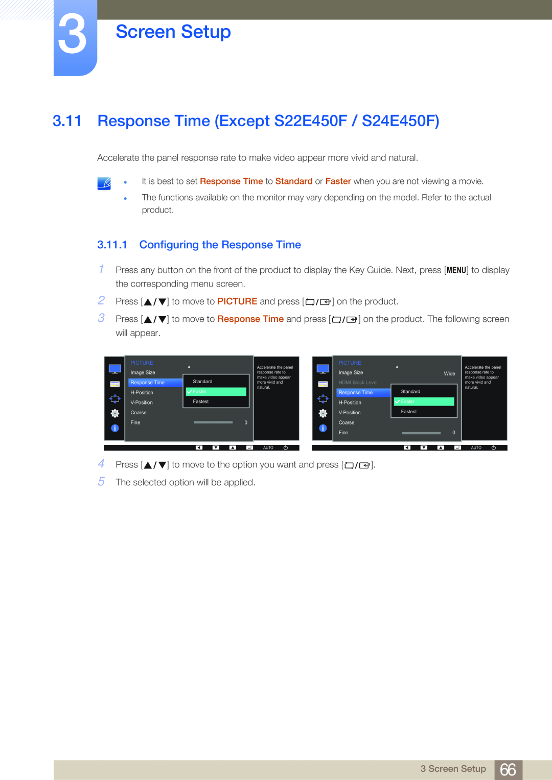 Samsung LS23E65KKS/EN, LS23E65UDC/EN Response Time Except S22E450F / S24E450F, Configuring the Response Time, Screen Setup 
