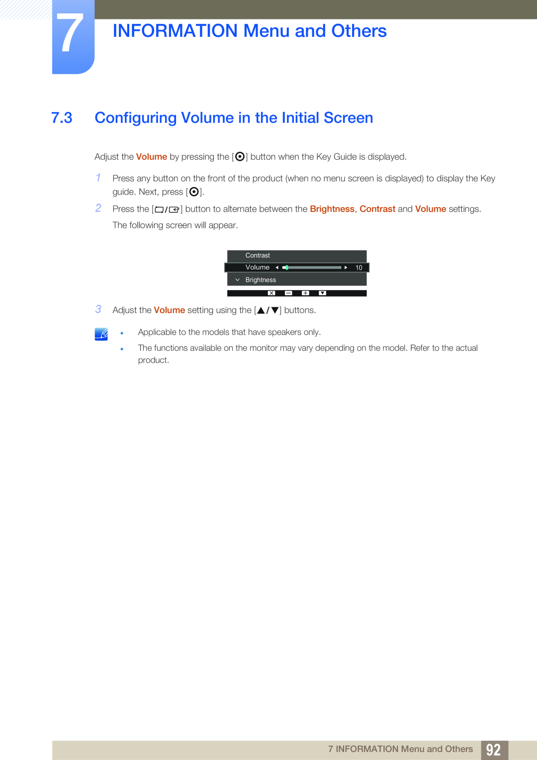 Samsung LS24E65UXWG/EN Configuring Volume in the Initial Screen, INFORMATION Menu and Others, Contrast Volume Brightness 
