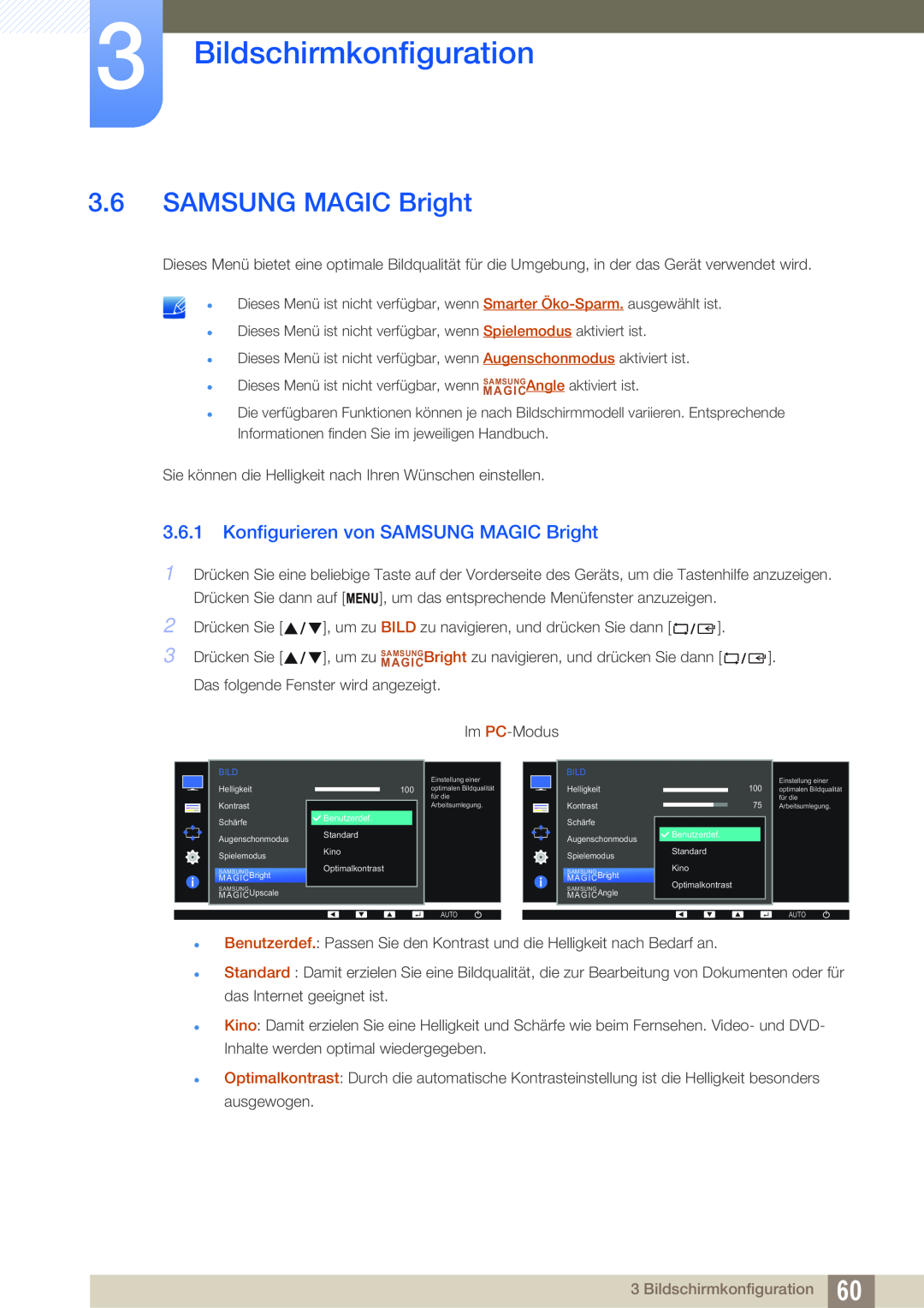 Samsung LS24E65UDW/EN, LS23E65UDC/EN, LS24E45UDLC/EN Konfigurieren von SAMSUNG MAGIC Bright, Bildschirmkonfiguration 