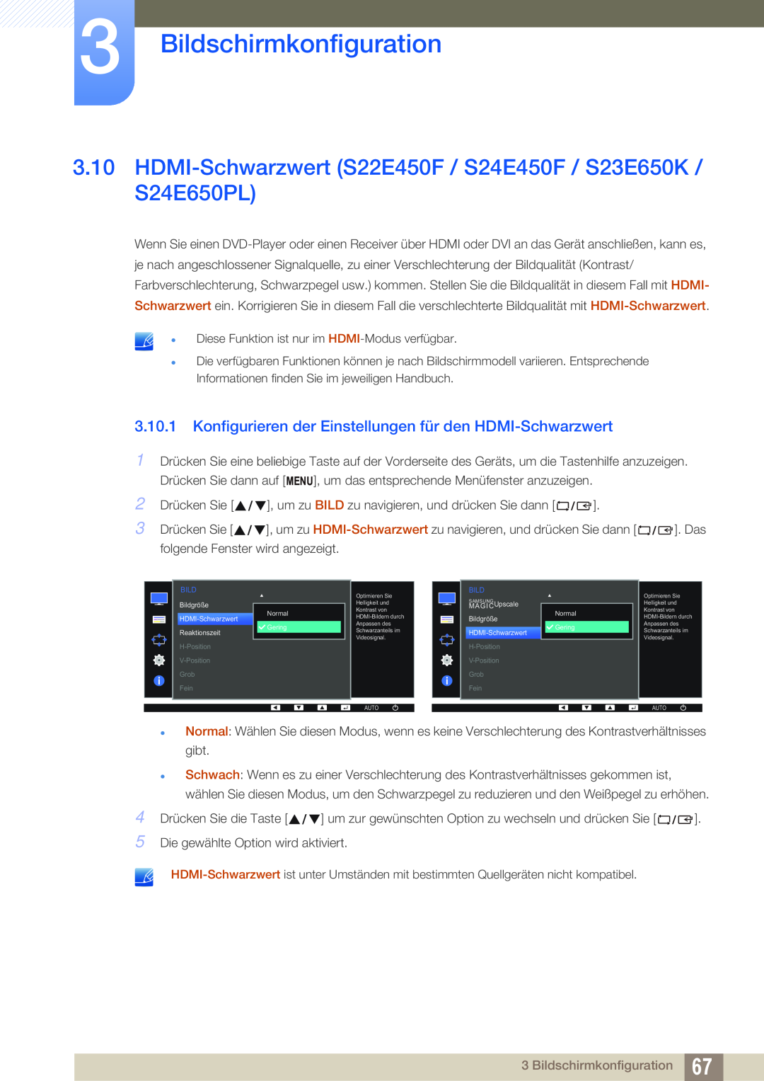 Samsung LS27E65UXS/EN, LS23E65UDC/EN HDMI-Schwarzwert S22E450F / S24E450F / S23E650K / S24E650PL, Bildschirmkonfiguration 