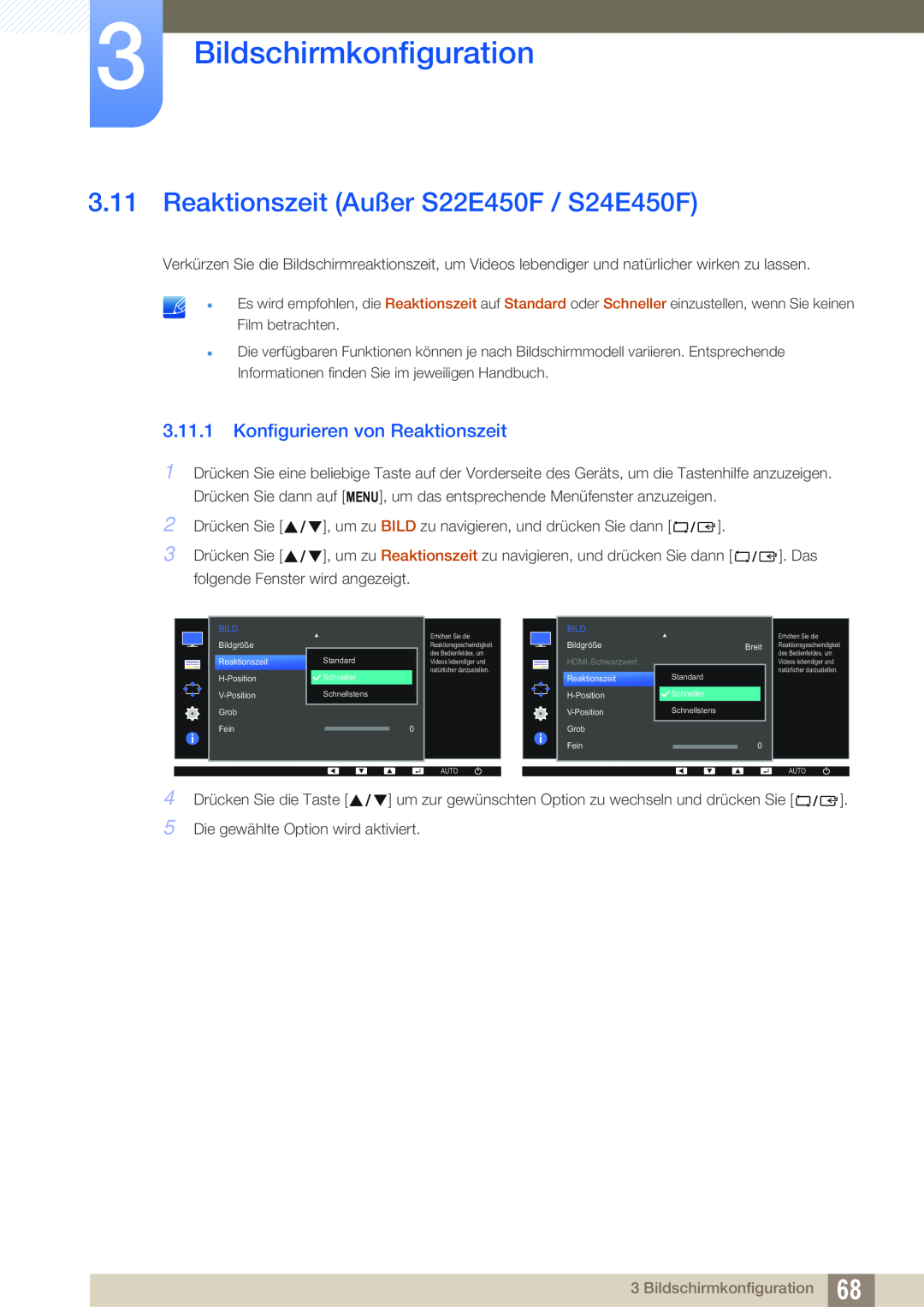 Samsung LS23E65UDC/EN Reaktionszeit Außer S22E450F / S24E450F, Konfigurieren von Reaktionszeit, Bildschirmkonfiguration 
