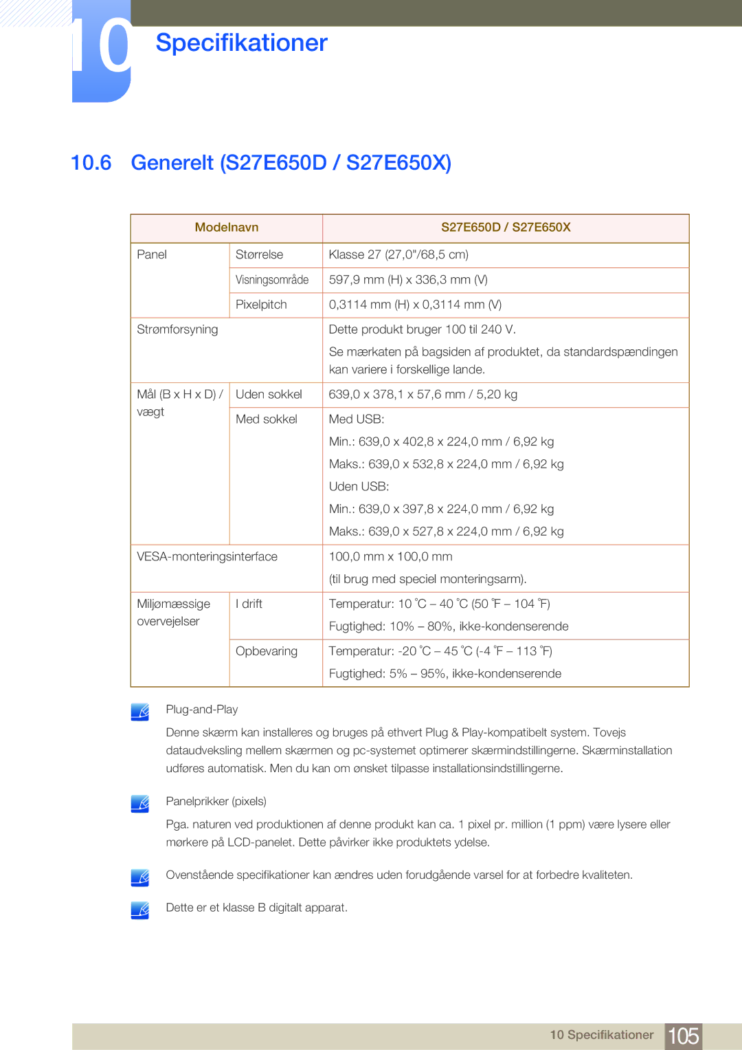 Samsung LS24E65KBWV/EN, LS23E65UDC/EN, LS24E65UPL/EN manual Generelt S27E650D / S27E650X, Modelnavn S27E650D / S27E650X 