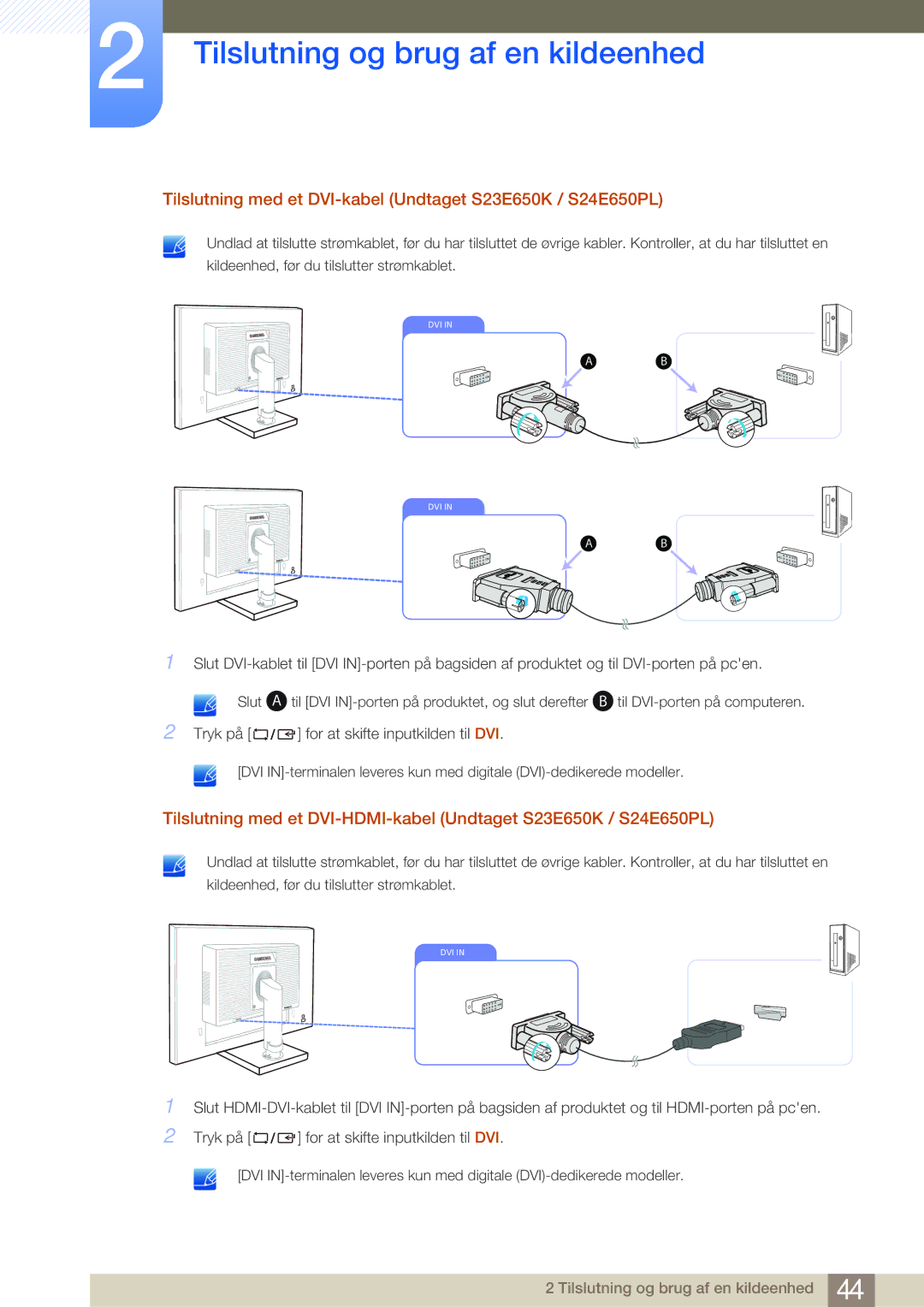 Samsung LS24E45UDLC/XE, LS23E65UDC/EN, LS24E65UPL/EN manual Tilslutning med et DVI-kabel Undtaget S23E650K / S24E650PL 