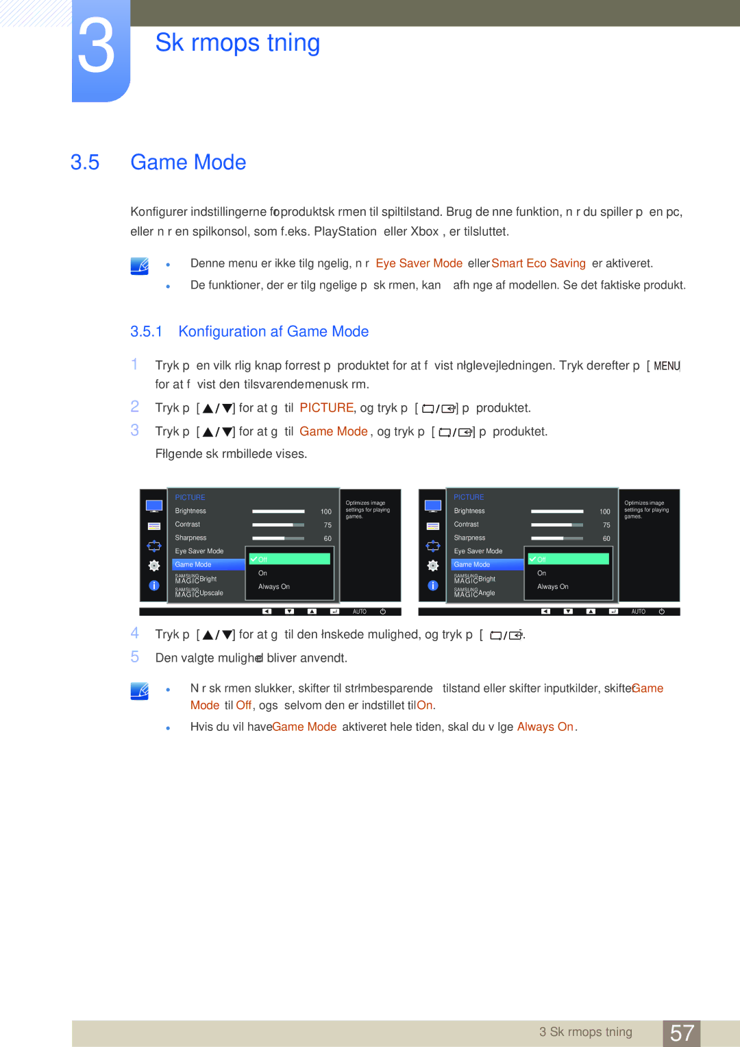 Samsung LS23E65UDS/EN, LS23E65UDC/EN, LS24E65UPL/EN, LS22E45UDWG/EN, LS24E65UXWG/EN manual Konfiguration af Game Mode 