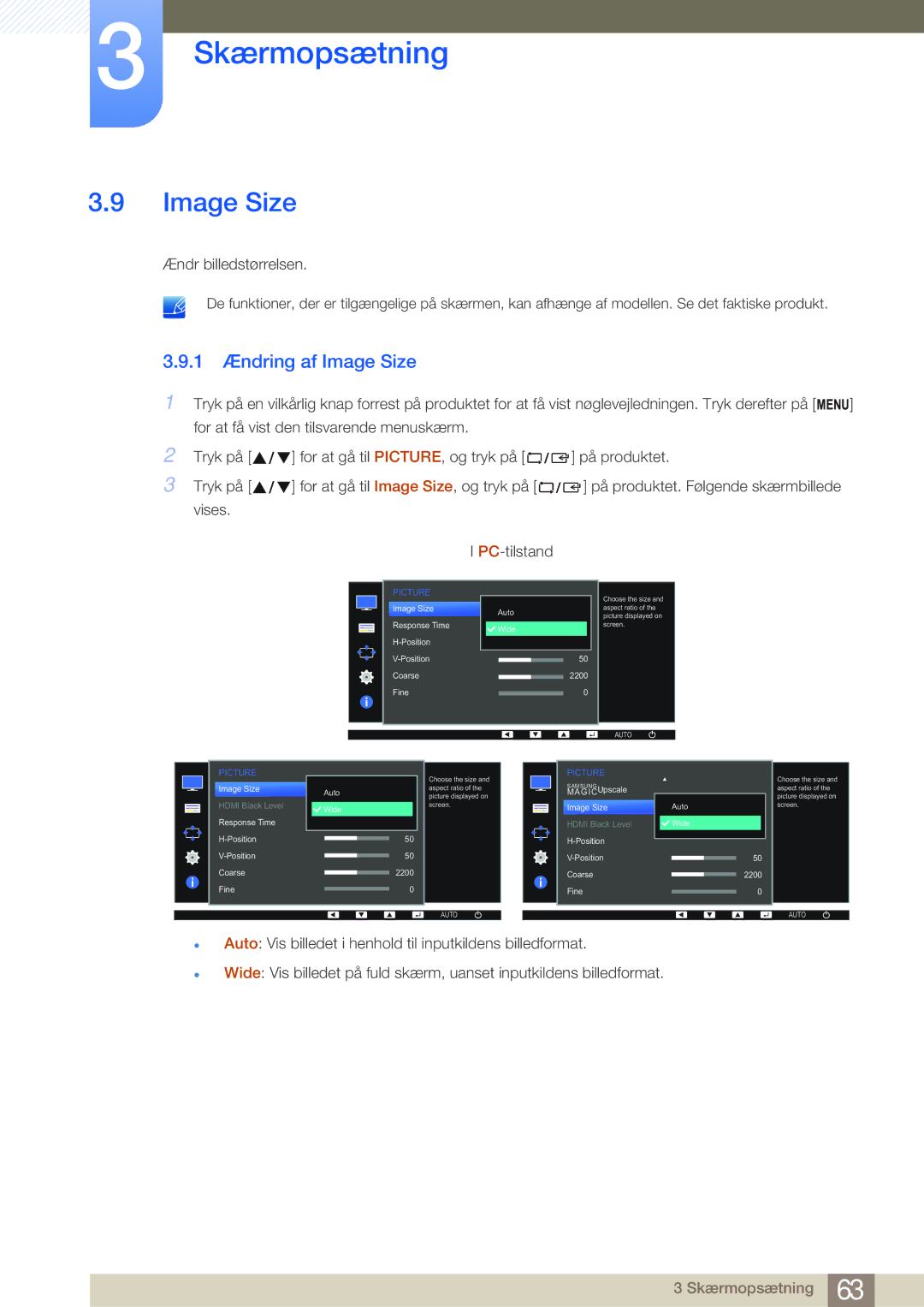 Samsung LS24E65UXWF/EN, LS23E65UDC/EN, LS24E65UPL/EN, LS22E45UDWG/EN, LS24E65UXWG/EN manual 1 Ændring af Image Size 