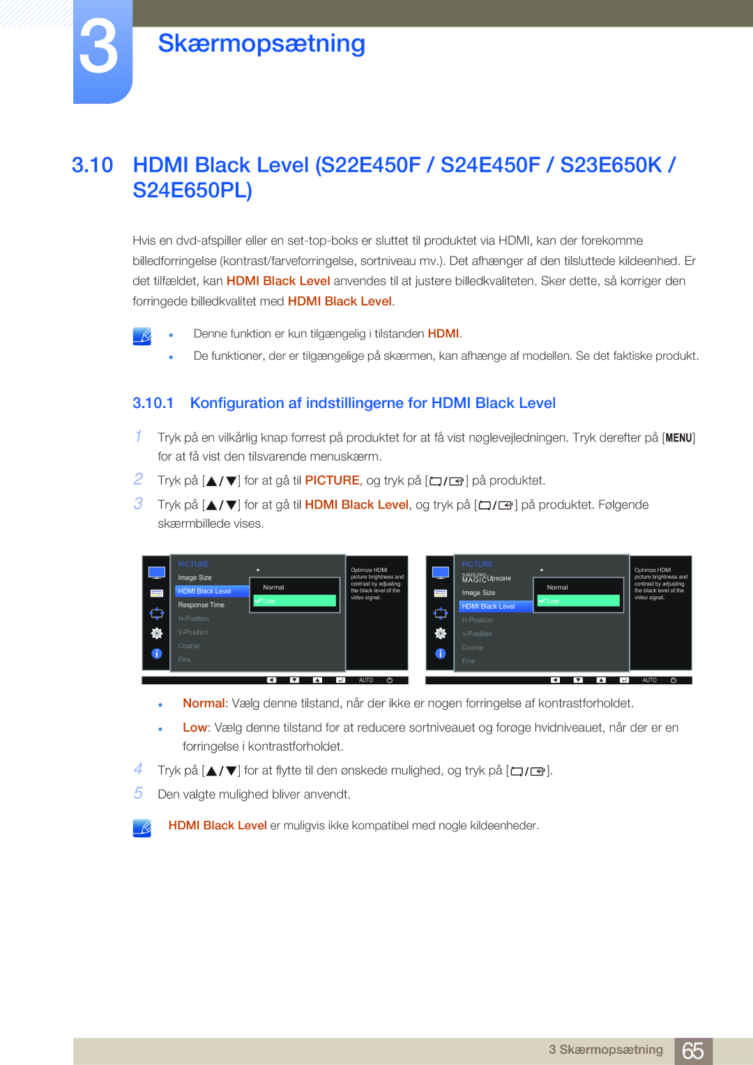 Samsung LS22E45UDWK/EN, LS23E65UDC/EN, LS24E65UPL/EN manual Hdmi Black Level S22E450F / S24E450F / S23E650K / S24E650PL 