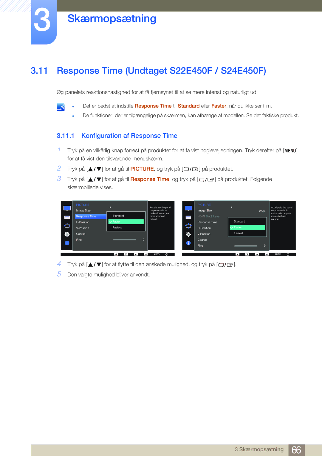 Samsung LS24E65UXWC/XE, LS23E65UDC/EN manual Response Time Undtaget S22E450F / S24E450F, Konfiguration af Response Time 