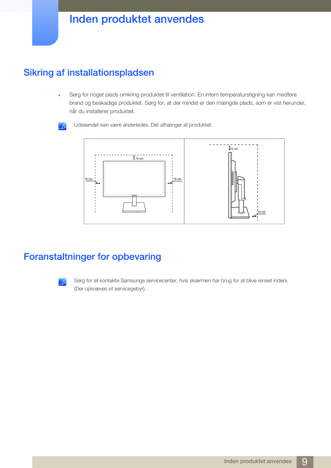 Samsung LS24E65UPLC/EN, LS23E65UDC/EN, LS24E65UPL/EN manual Sikring af installationspladsen, Foranstaltninger for opbevaring 