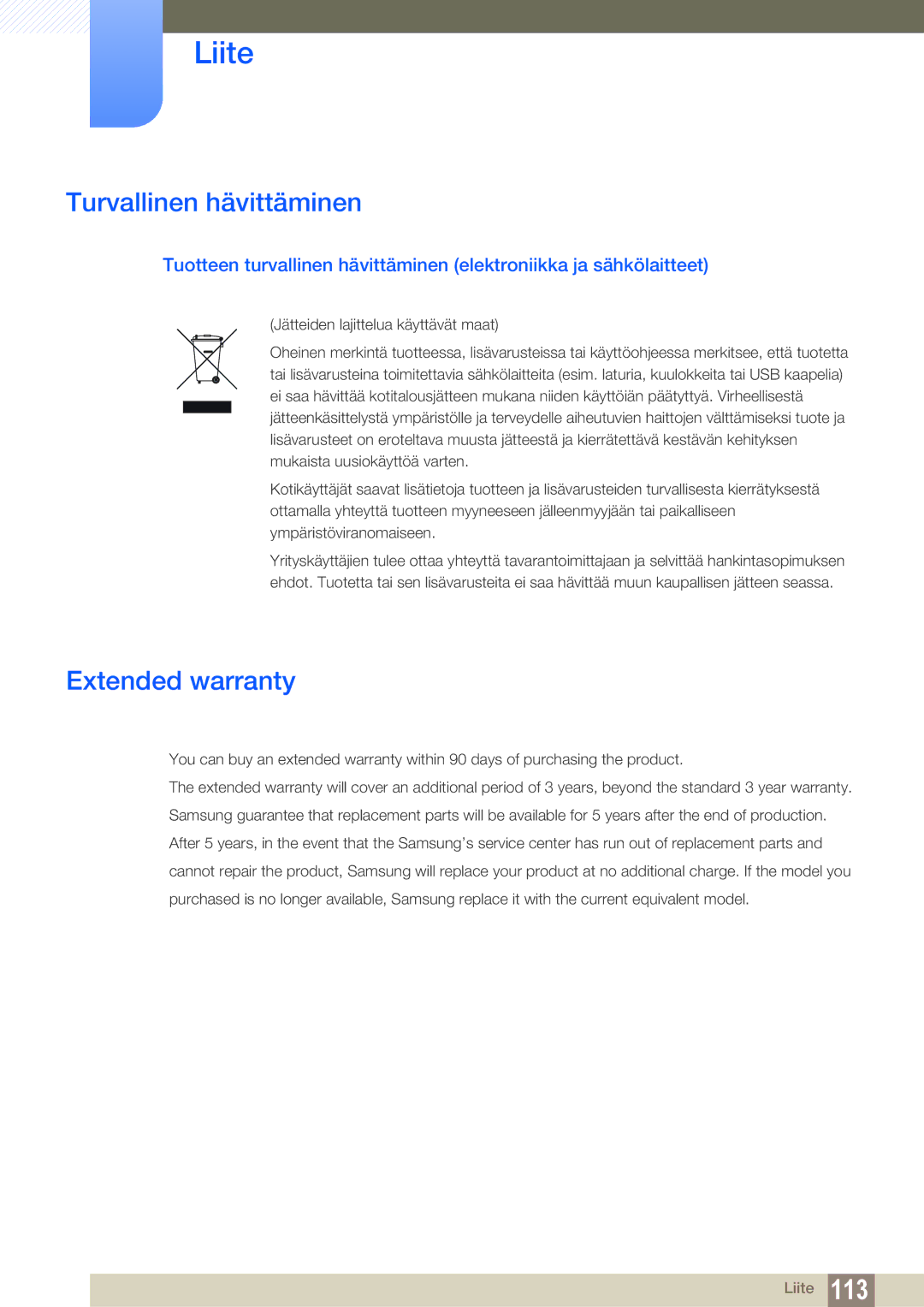 Samsung LS24E45UDLC/XE, LS23E65UDC/EN, LS24E65UPL/EN, LS22E45UDWG/EN manual Turvallinen hävittäminen, Extended warranty 