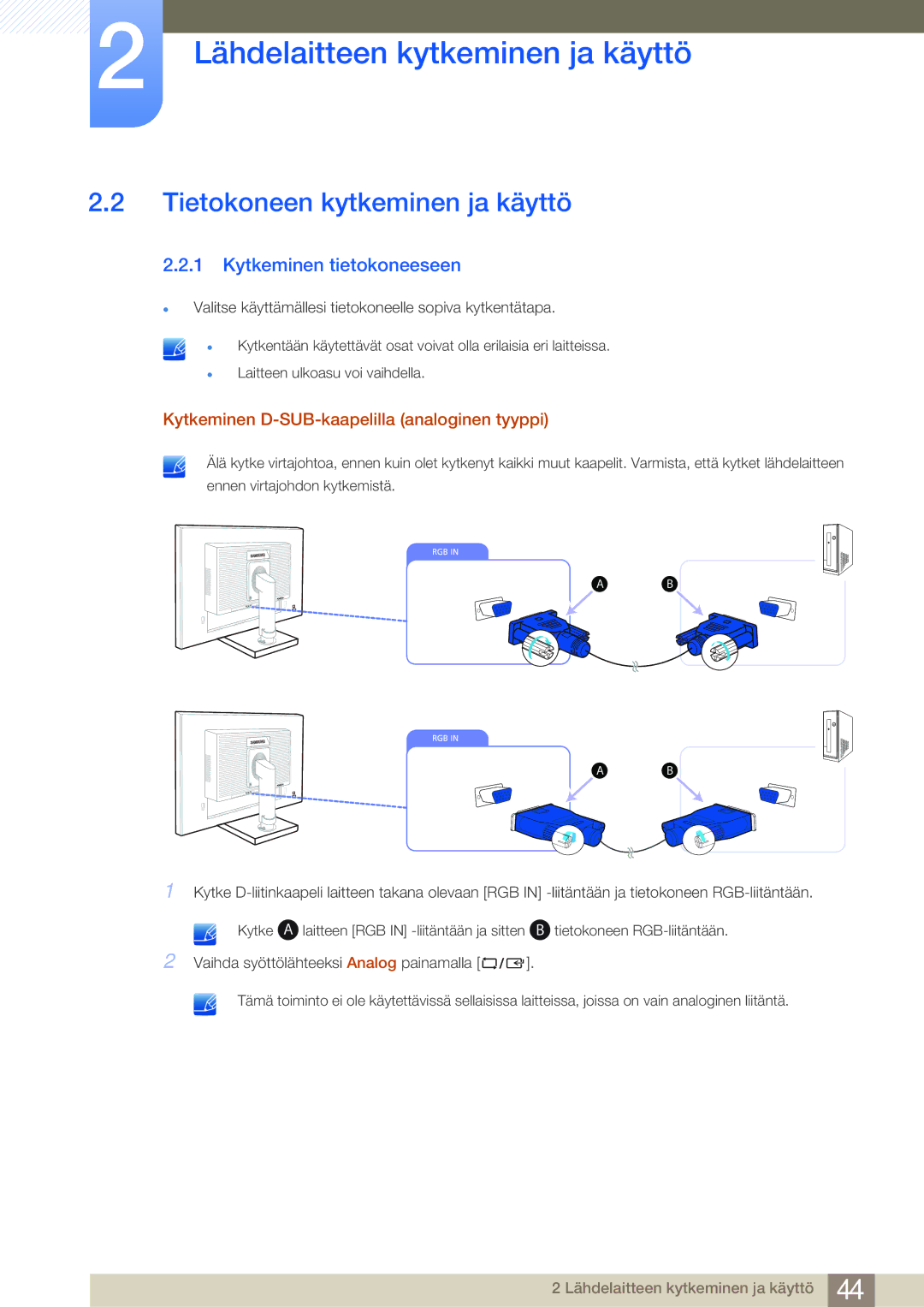 Samsung LS24E45UDLC/XE, LS23E65UDC/EN, LS24E65UPL/EN manual Tietokoneen kytkeminen ja käyttö, Kytkeminen tietokoneeseen 